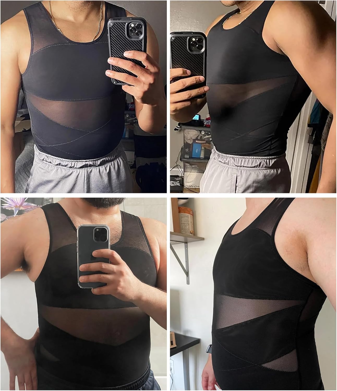 Nebility Mens Compression Shirt for Gynecomastia - Slimming Undershirts Body Shaper Vest Mesh Shapewear Workout Tank Tops