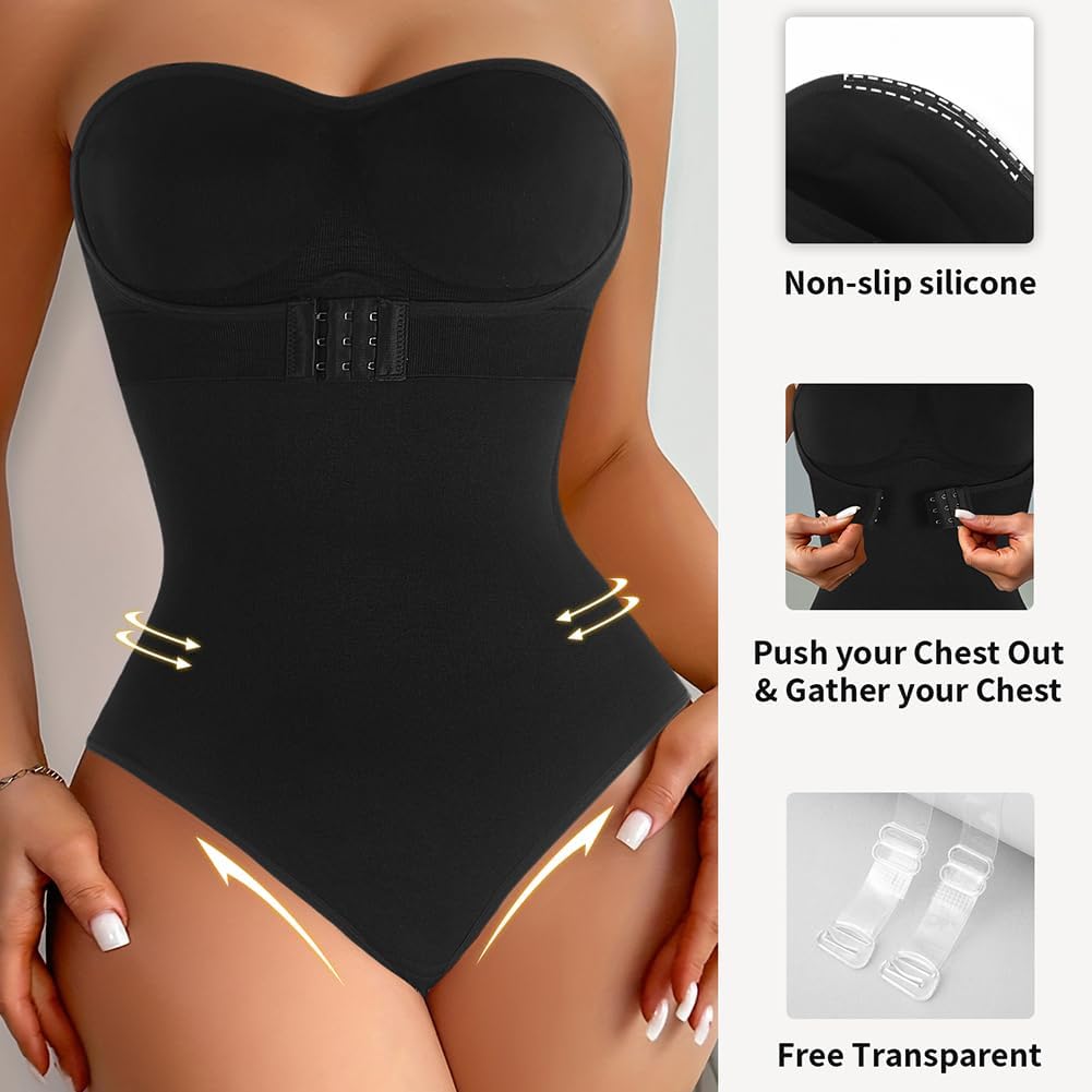 KIMIKAL Women's Strapless Shapewear Bodysuit Tummy Control-Seamless Tank Thong Body Shaper With Removable Clear Straps
