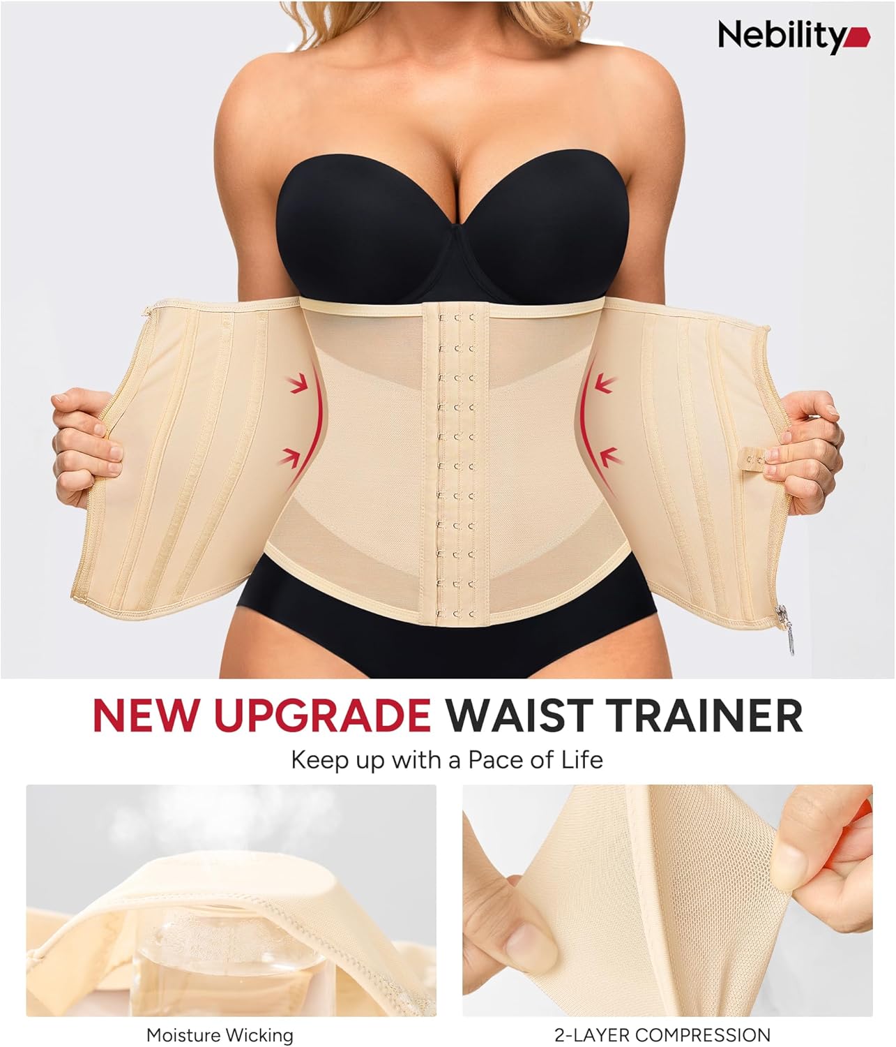 Nebility Waist Trainer for Women Zipper Corset Shapewear Tummy Control Mesh Waist Cincher Faja Body Shaper