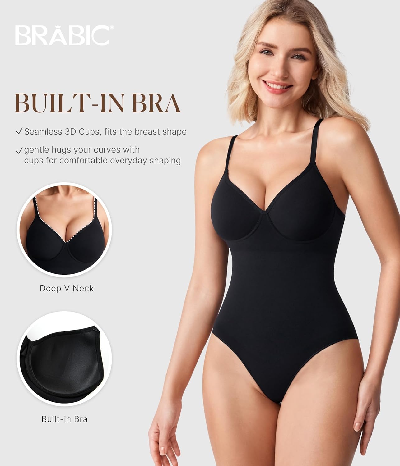 Alternative view of BRABIC Shapewear Bodysuits for Women Tummy Control Shapewear Seamless Backless V-Neck Tops with Built-in Bra