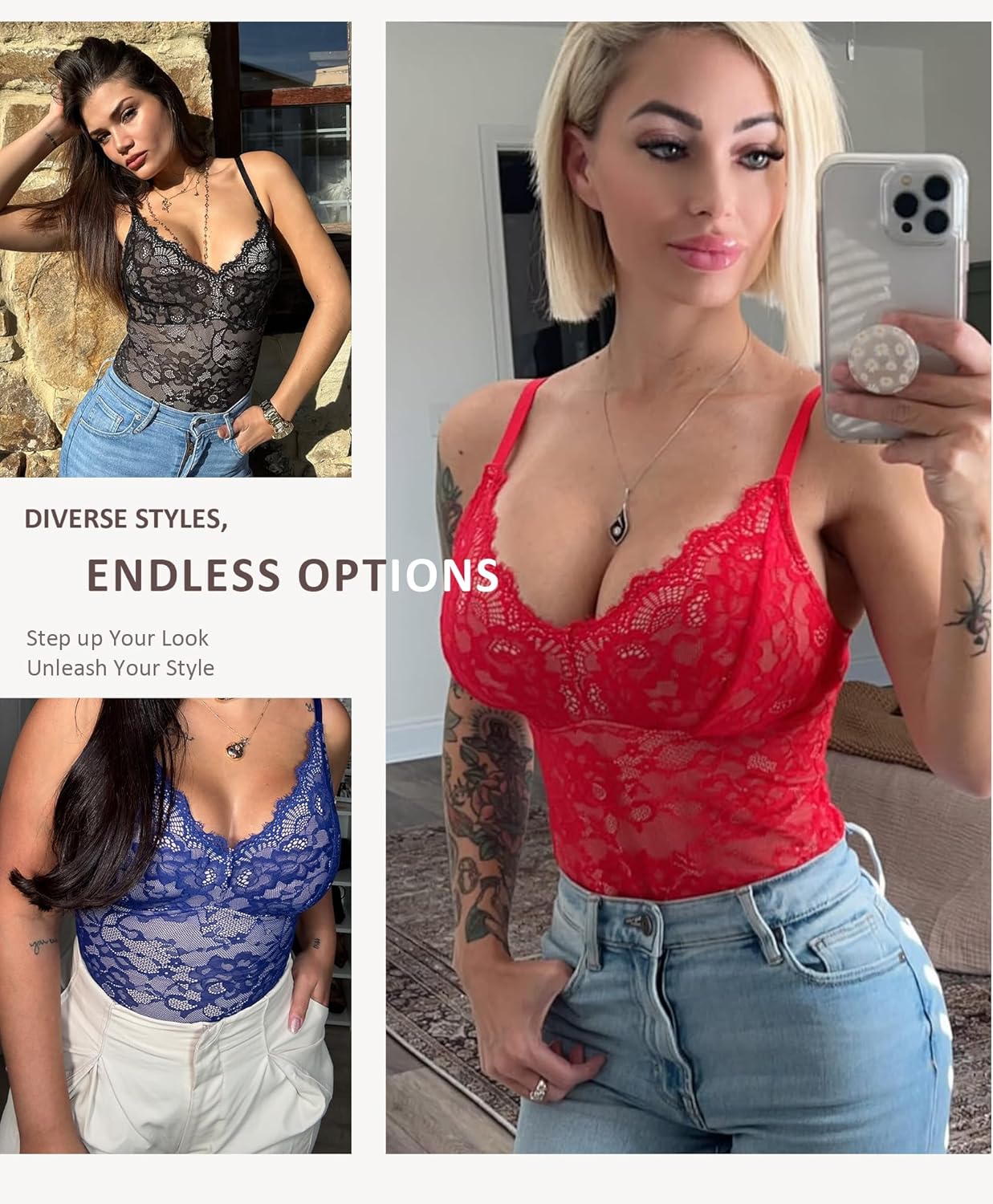 FeelinGirl Shapewear Bodysuits for Women Lace Shapewear Tummy Control V-Neck Sleeveless Bodysuit Tops Jumpsuit