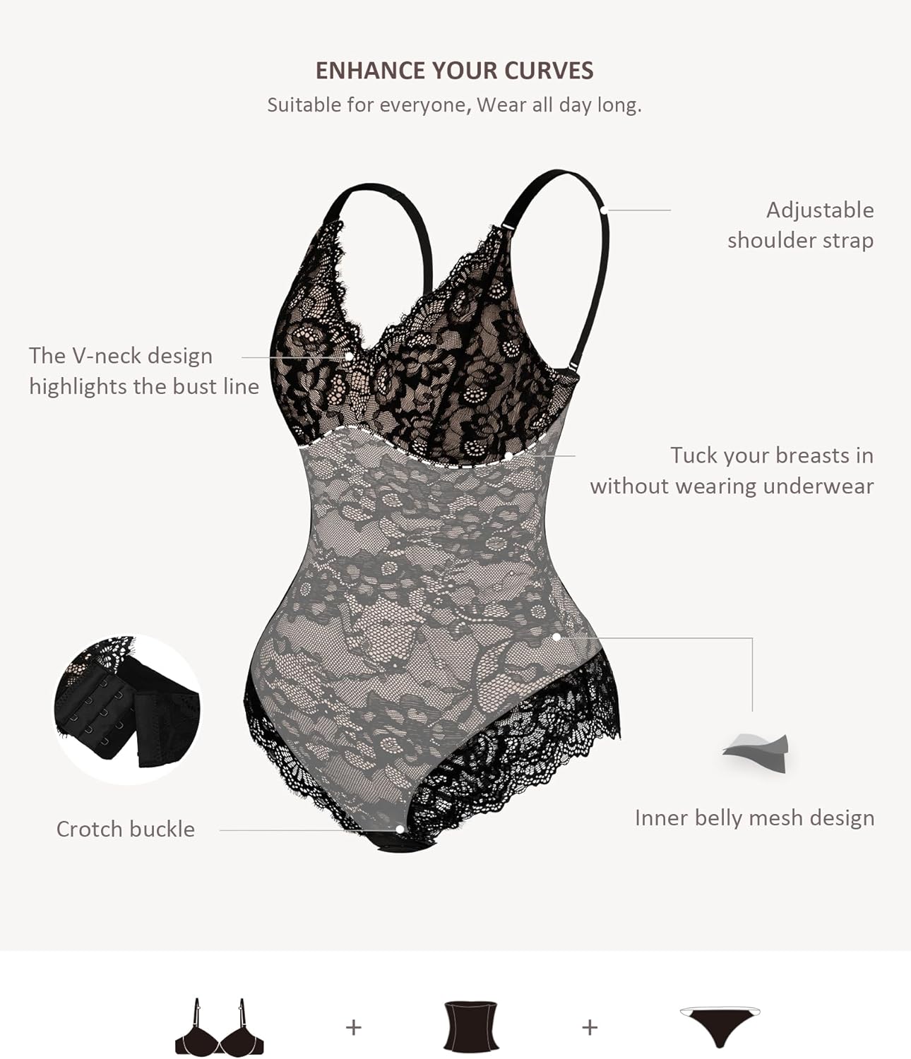 Alternative view of FeelinGirl Shapewear Bodysuits for Women Lace Shapewear Tummy Control V-Neck Sleeveless Bodysuit Tops Jumpsuit