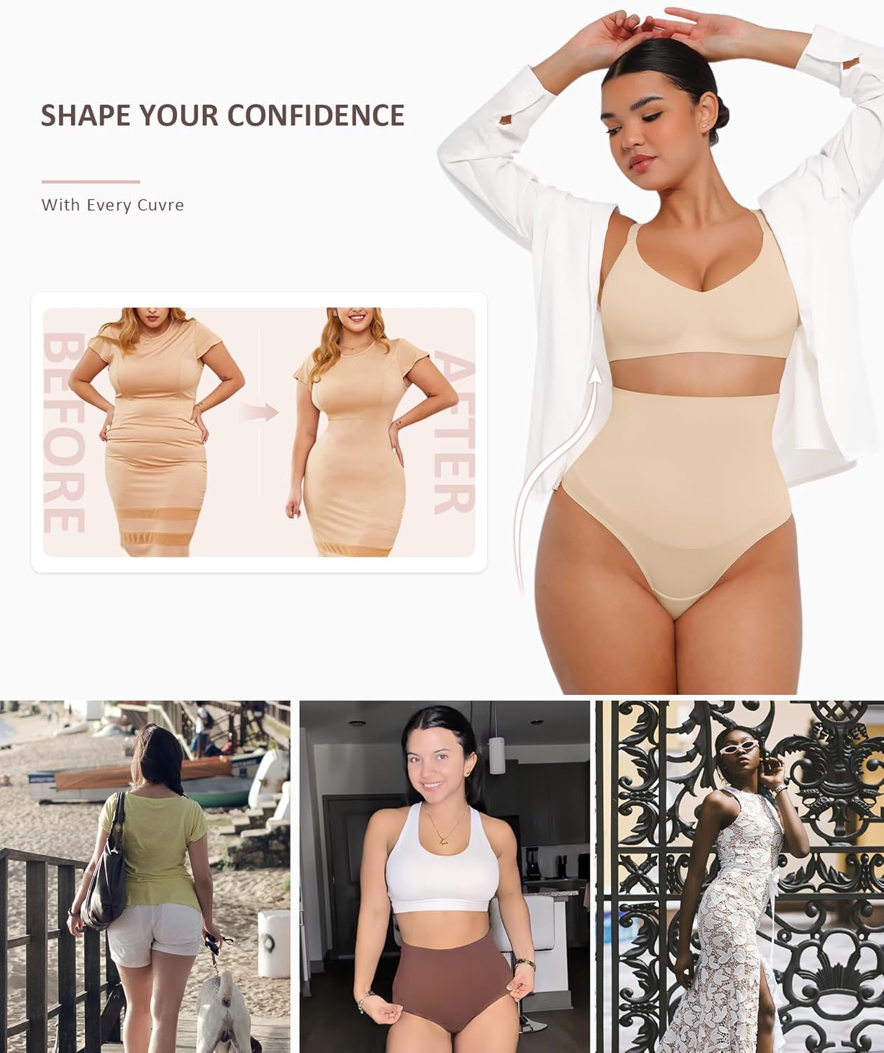 FeelinGirl Thong Shapewear Tummy Control Mid Waisted Seamless Shapewear for Women Moderate Compression