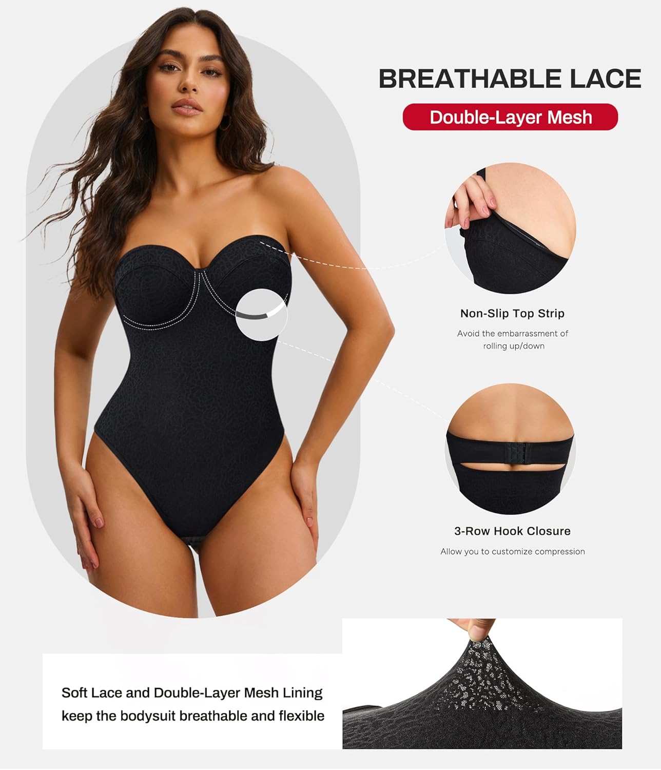 Nebility Strapless Shapewear Bodysuit for Women - Thong Body Suits Tummy Control Body Shaper Underwire Lace Corset Tube Top