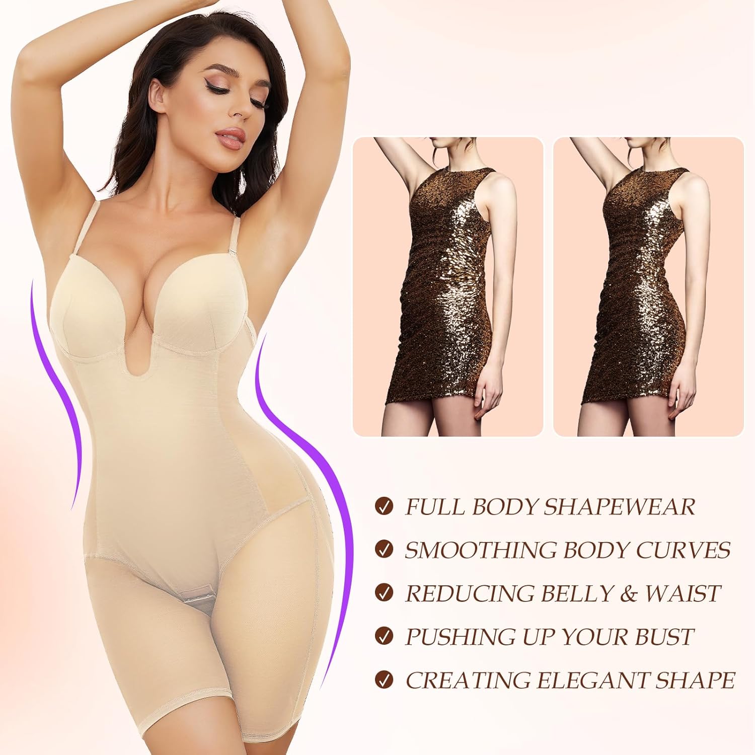 Slimers Body Shaper for Women Tummy Control U Plunge Backless Full Body Shapewear Mid Thigh Mesh strapless Bodysuit Top