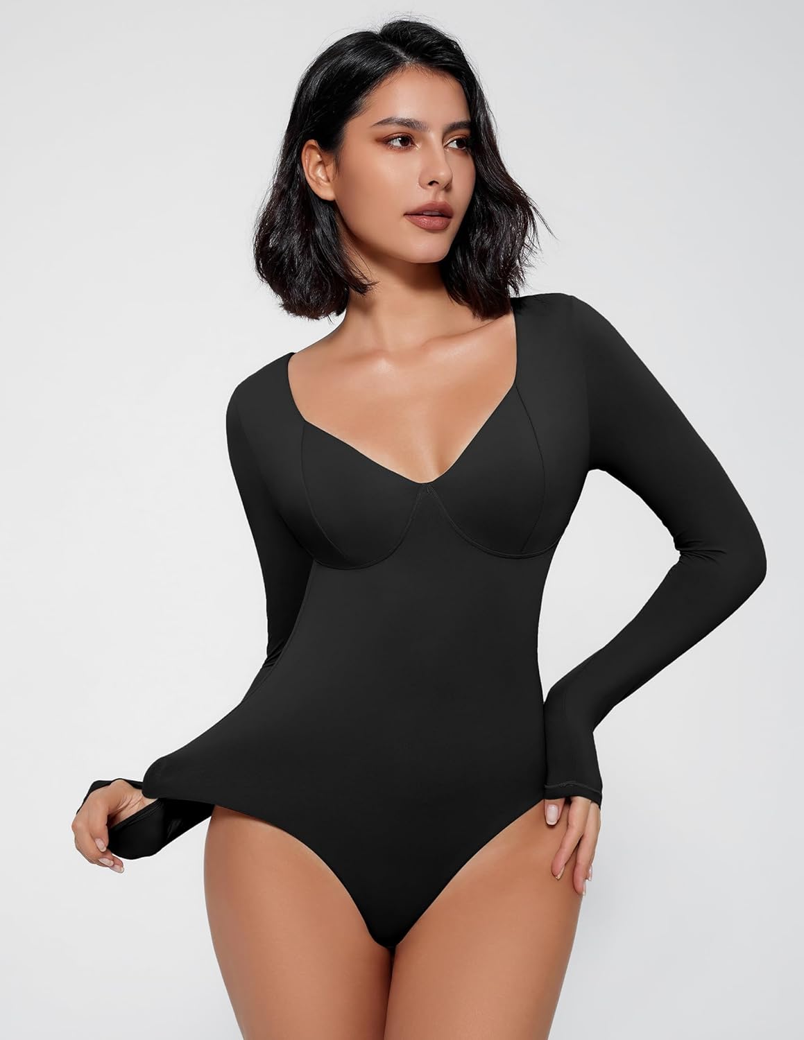 Avidlove Bodysuit for Women Long Sleeve Double Lined Tank Top V Neck Bodysuit Tummy Control Shapewear