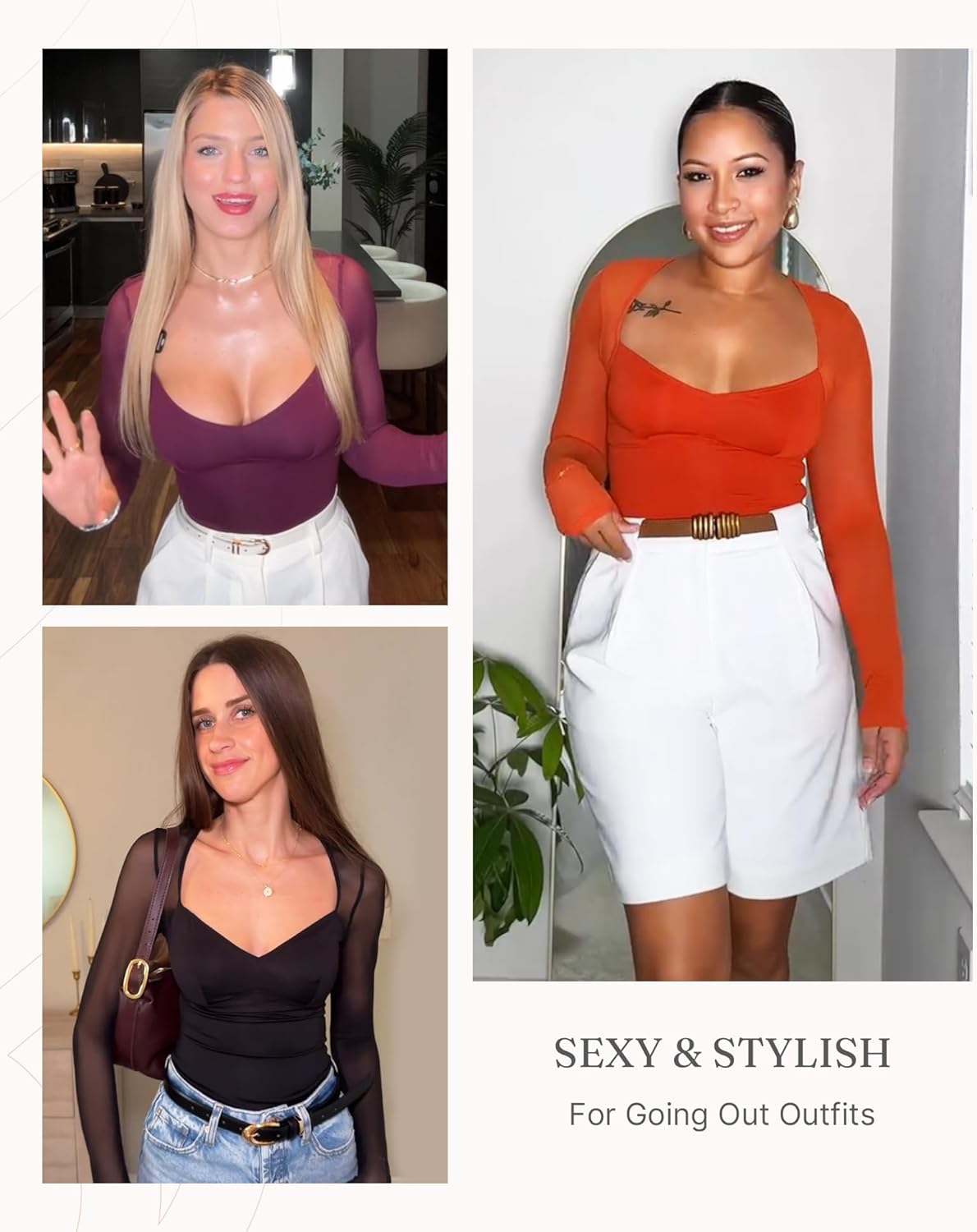 Alternative view of FeelinGirl Long Sleeve Bodysuit for Women Sexy Mesh V Neck Body Suits Thong Corset Top Going Out Outfits for Party