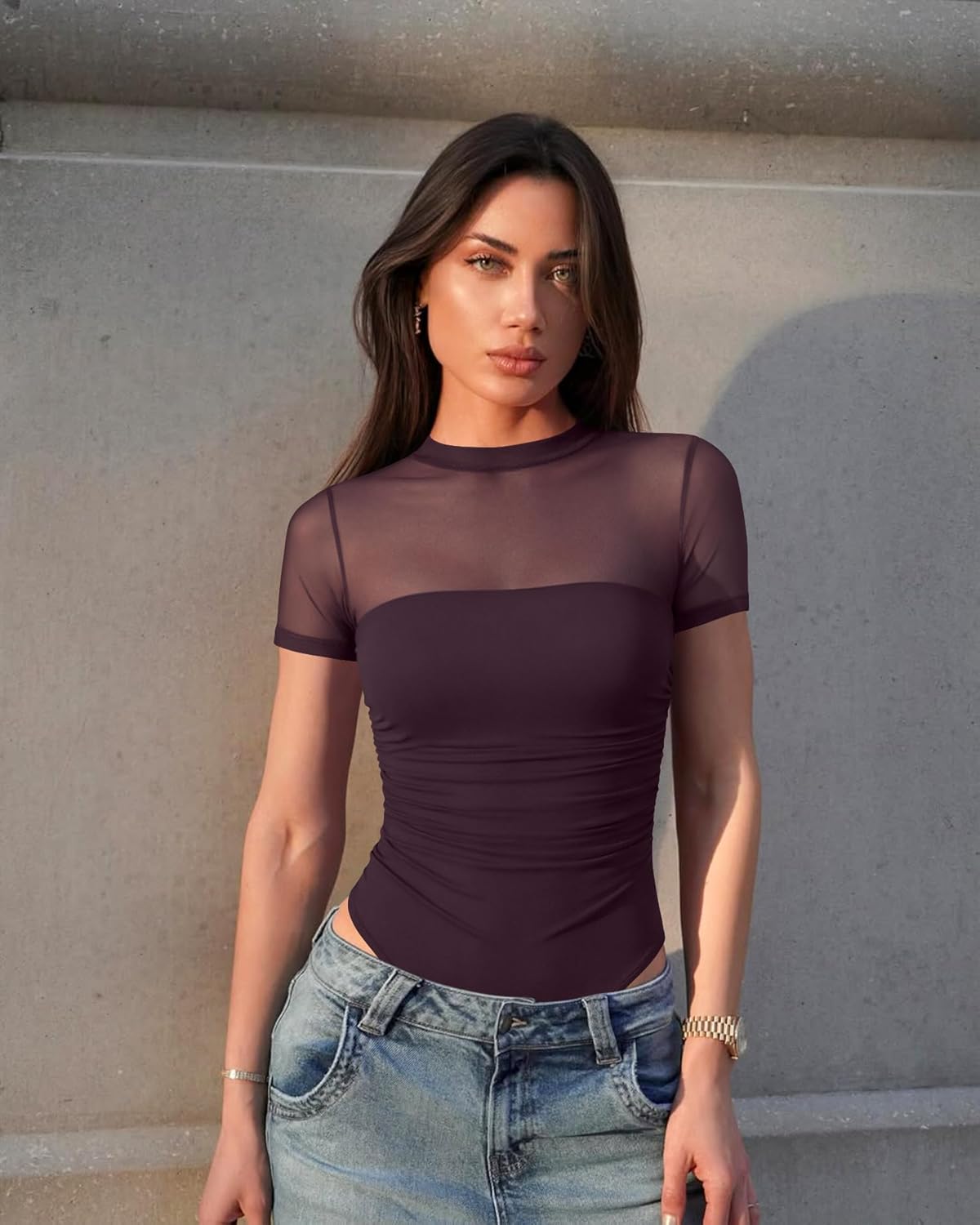 OQQ Women Short Sleeve Bodysuit Tummy Control Shapewear Mesh One Piece Leotard Shirts Going Out Tops