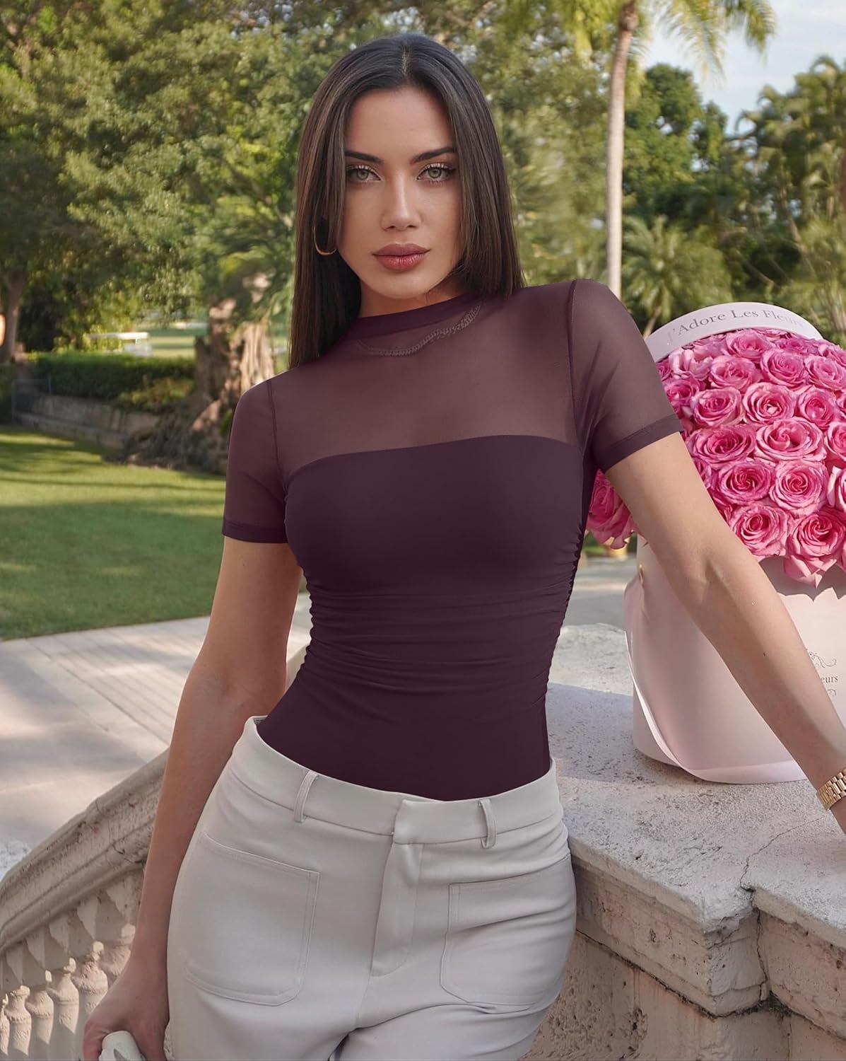 OQQ Women Short Sleeve Bodysuit Tummy Control Shapewear Mesh One Piece Leotard Shirts Going Out Tops - Image 3