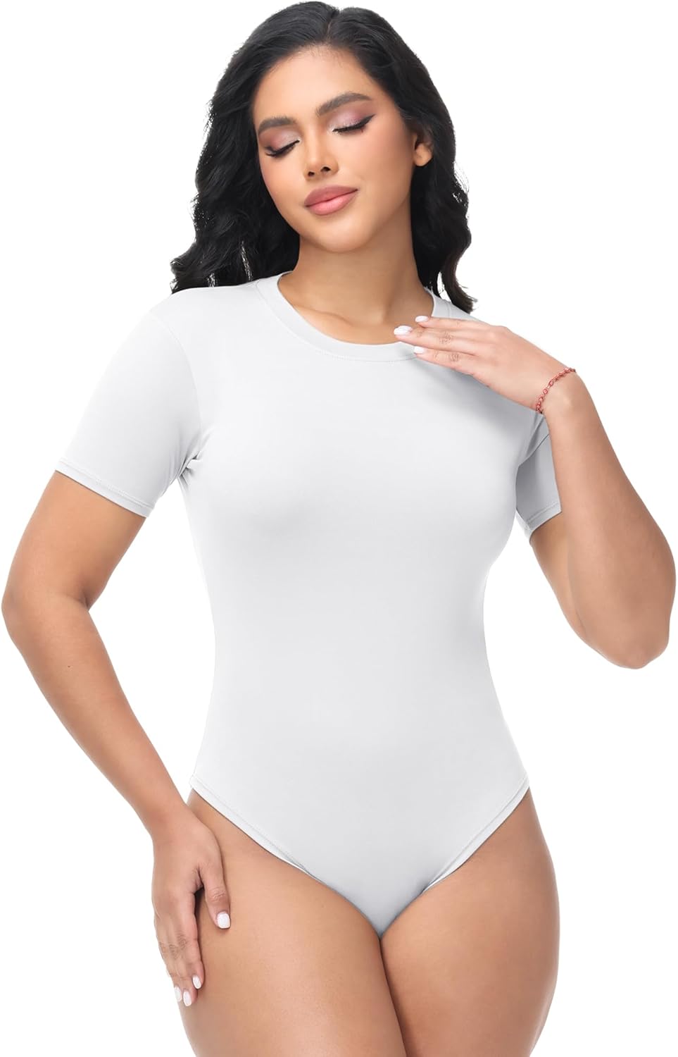 Dalavch 1/4 Pack Short Sleeve Bodysuit for Women Crew Neck Stretchy Casual Basic Fitted Body Suits T Shirt Tops