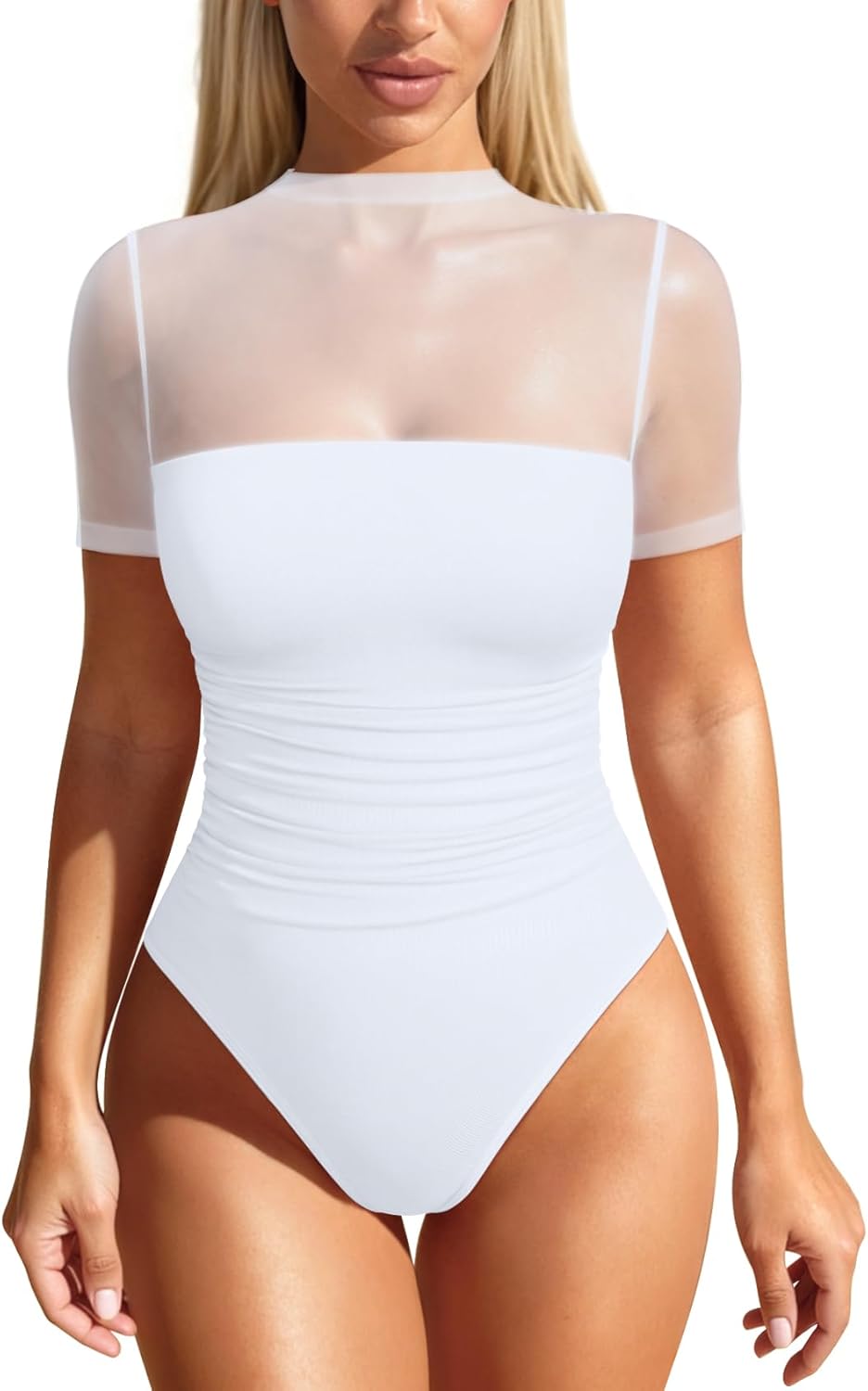 OQQ Women Short Sleeve Bodysuit Tummy Control Shapewear Mesh One Piece Leotard Shirts Going Out Tops - Image 8