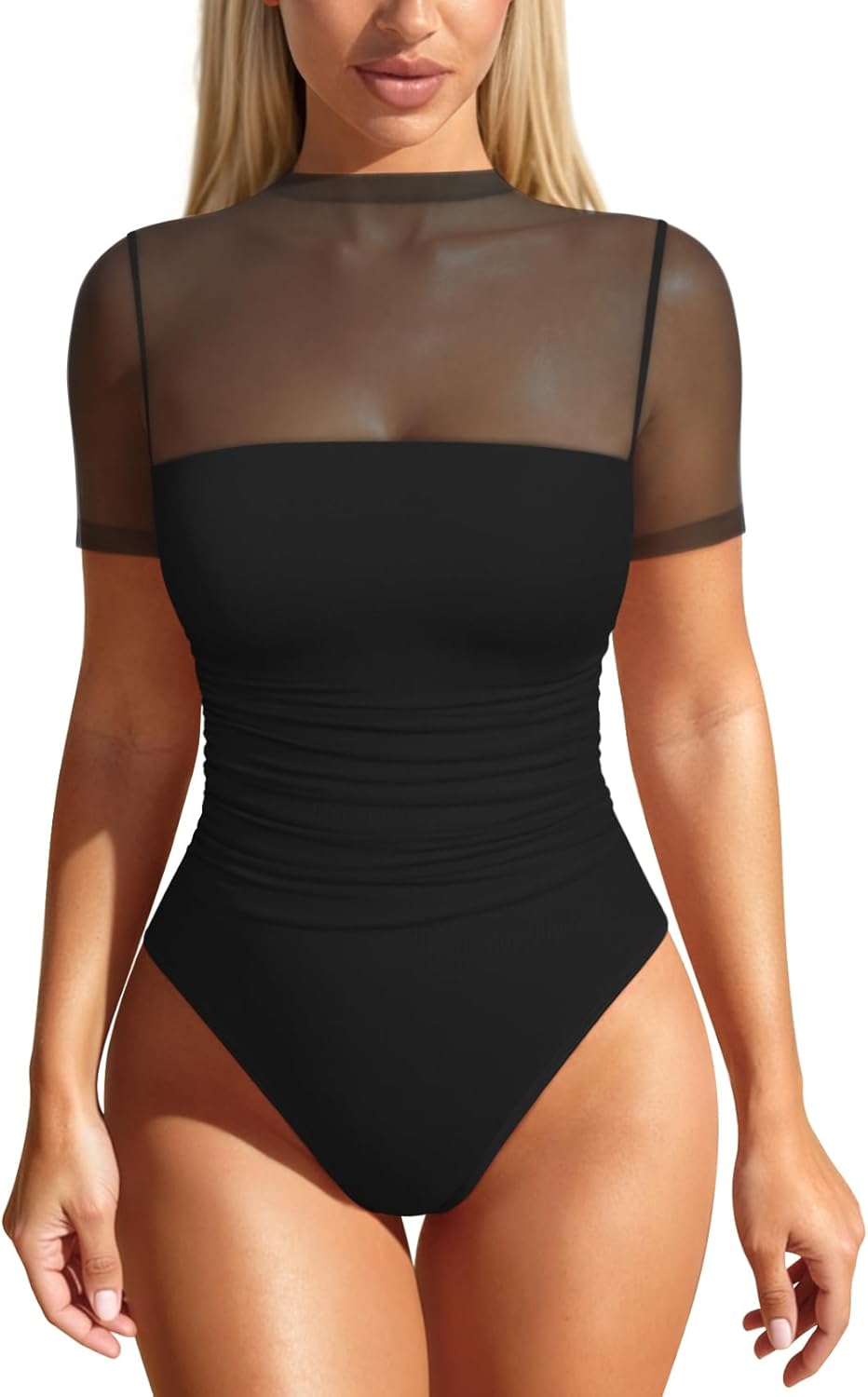 OQQ Women Short Sleeve Bodysuit Tummy Control Shapewear Mesh One Piece Leotard Shirts Going Out Tops - Image 9