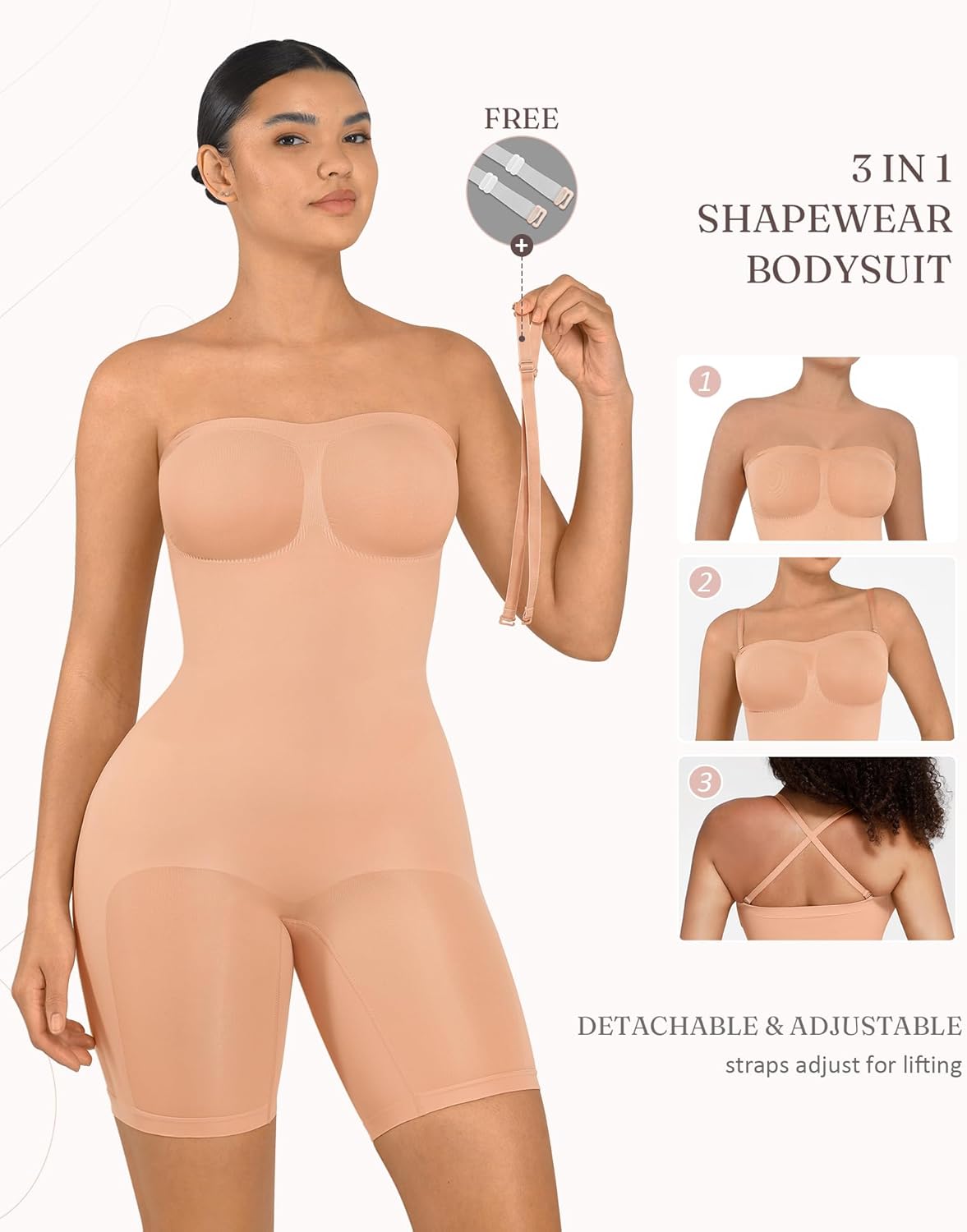 FeelinGirl Strapless Bodysuit for Women Tummy Control Shapewear Wedding Dress Body Shaper with Removable Straps