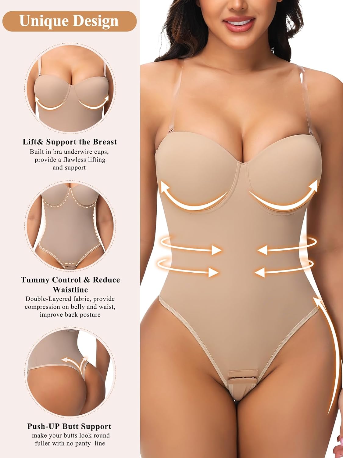 JOYSHAPER Strapless Shapewear Bodysuit for Women Tummy Control Low Back Body Shaper Thong Body Suits Tops with Built-in Bra