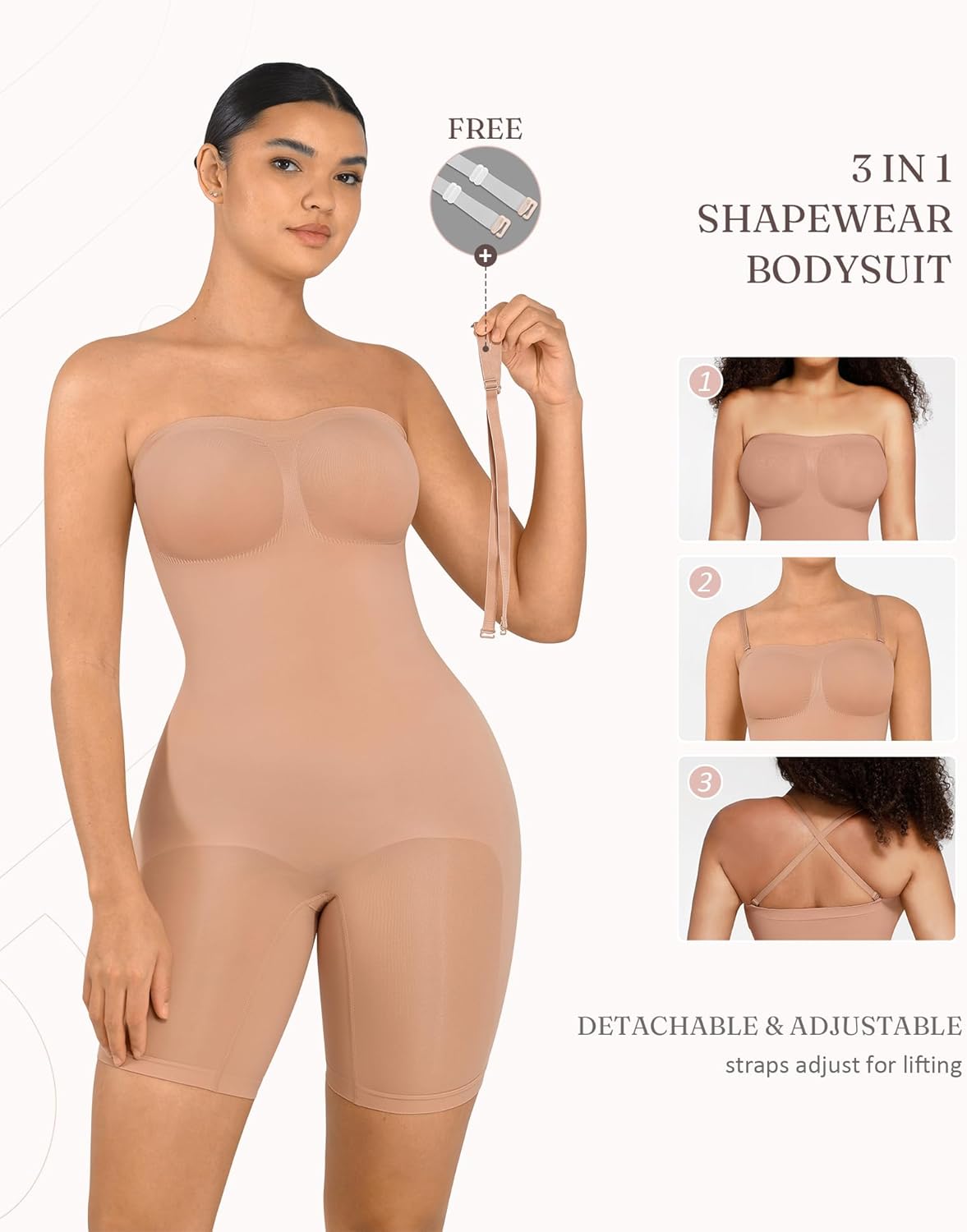 FeelinGirl Strapless Bodysuit for Women Tummy Control Shapewear Wedding Dress Body Shaper with Removable Straps