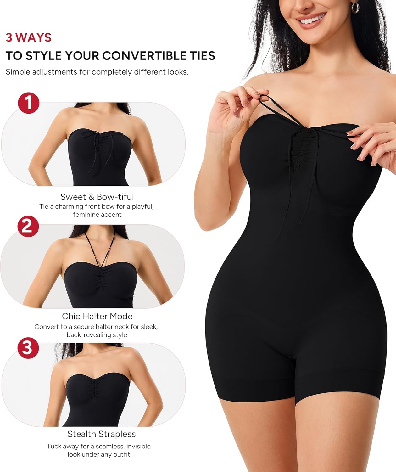 Nebility Strapless Shapewear for Women Tummy Control Shapewear Bodysuits Full Body Shaper with Adjustable Bow & Halter Neck