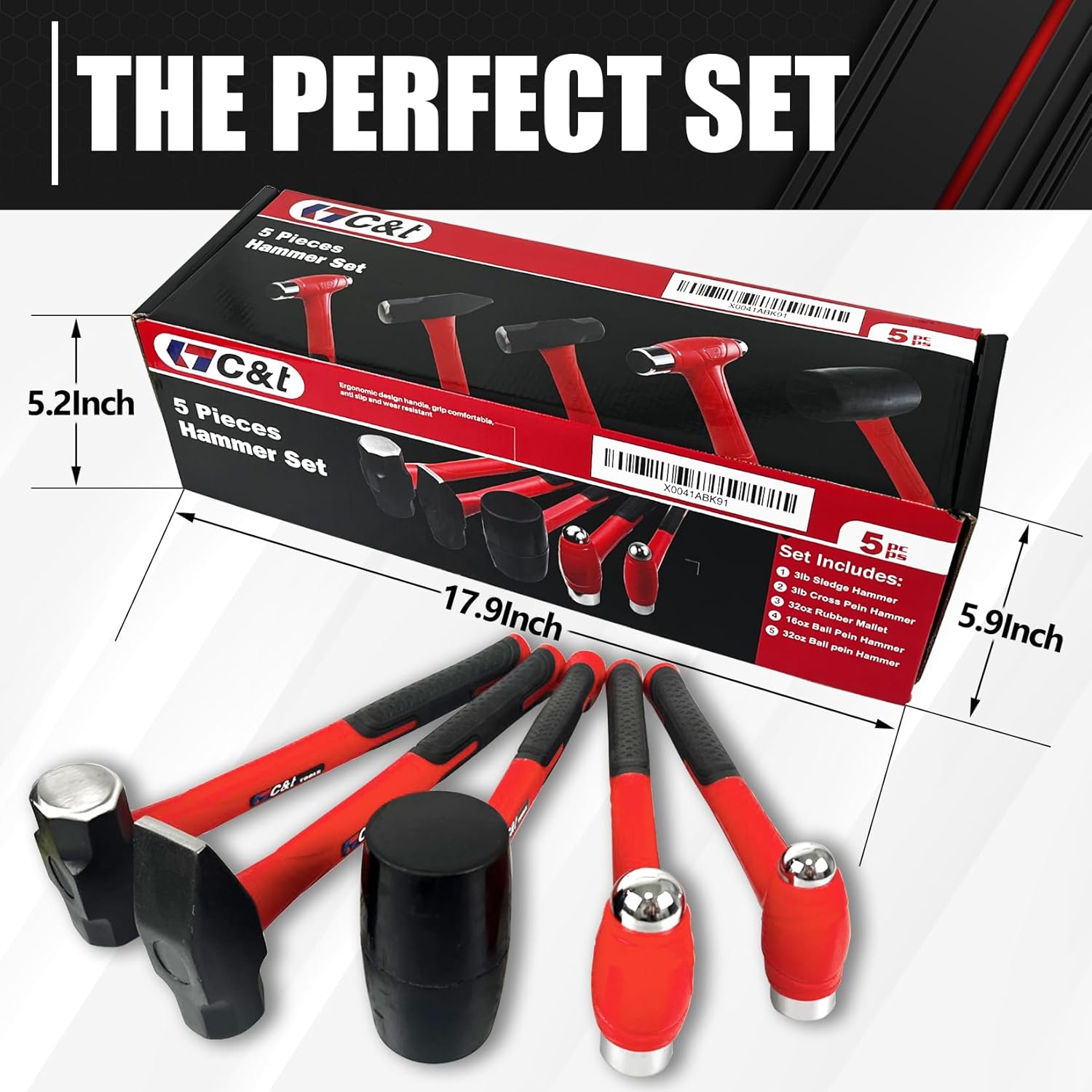C&T 5-Piece Hammer Set, 16oz Ball Peen Hammer | 32oz Ball Peen Hammer | 32oz Rubber Mallet | 3lb Sledge Hammer | 3lb Cross Peen, Fiberglass Handle & Mallet Set