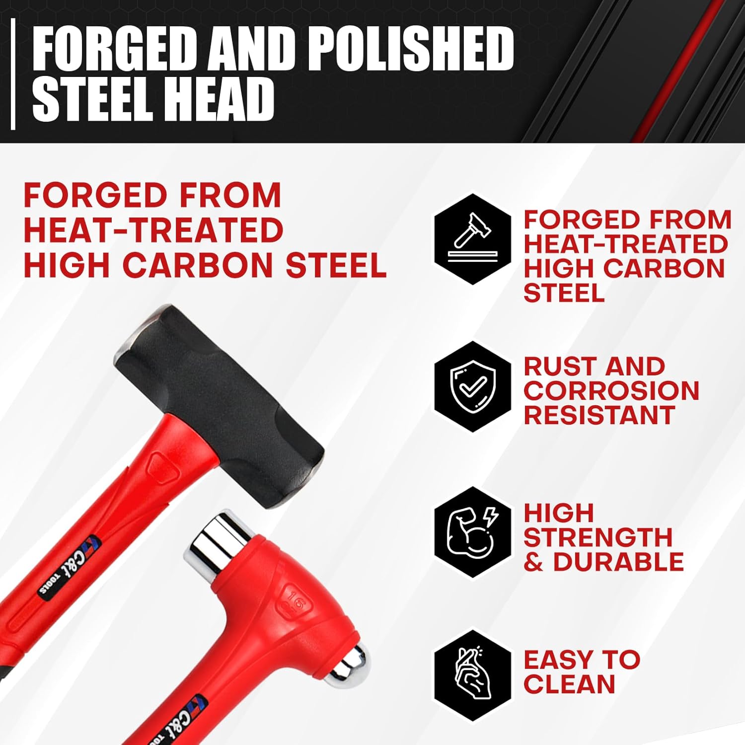 Alternative view of C&T 5-Piece Hammer Set, 16oz Ball Peen Hammer | 32oz Ball Peen Hammer | 32oz Rubber Mallet | 3lb Sledge Hammer | 3lb Cross Peen, Fiberglass Handle & Mallet Set