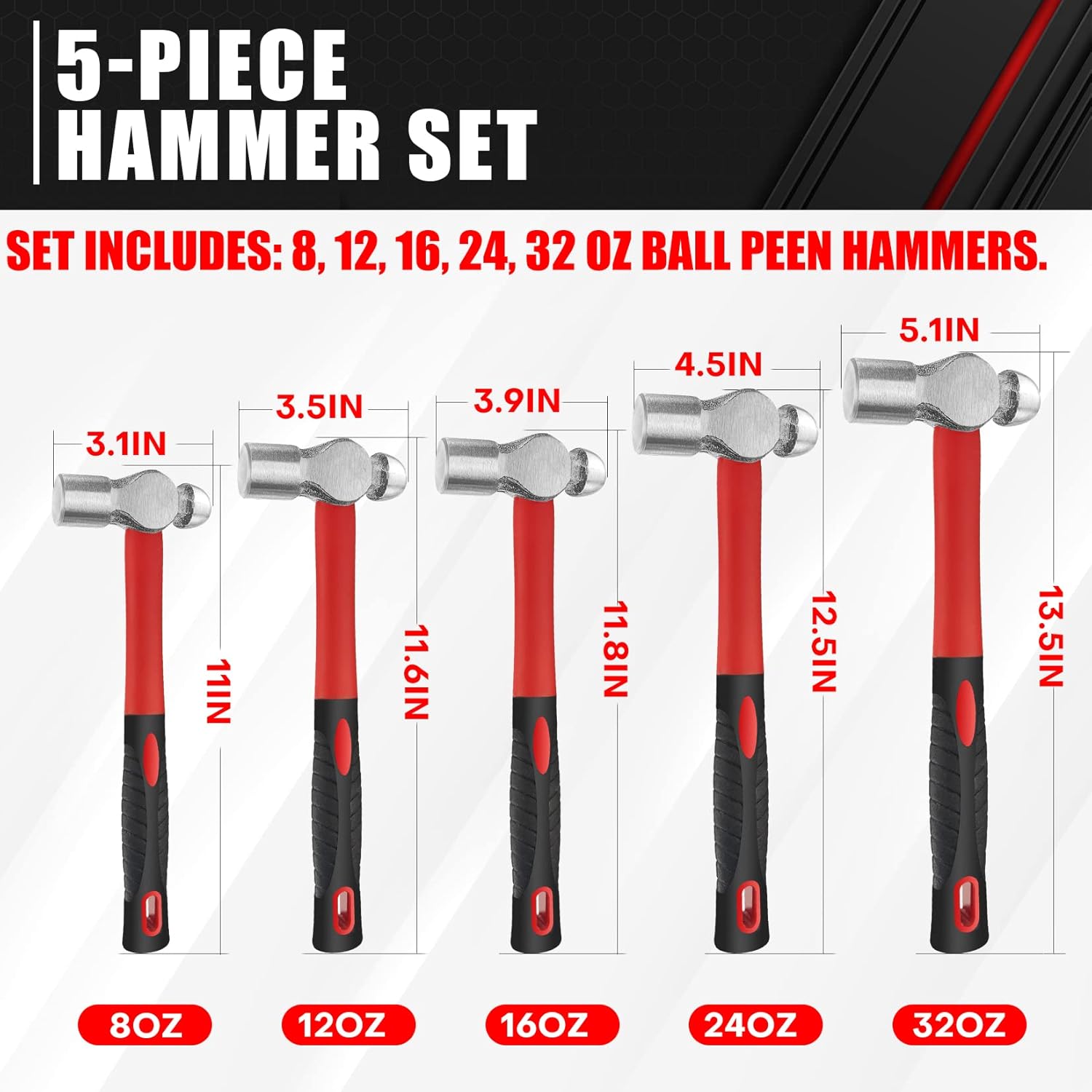 C&T 5-Piece Ball Peen Hammer Set, 8, 12, 16, 24, 32oz