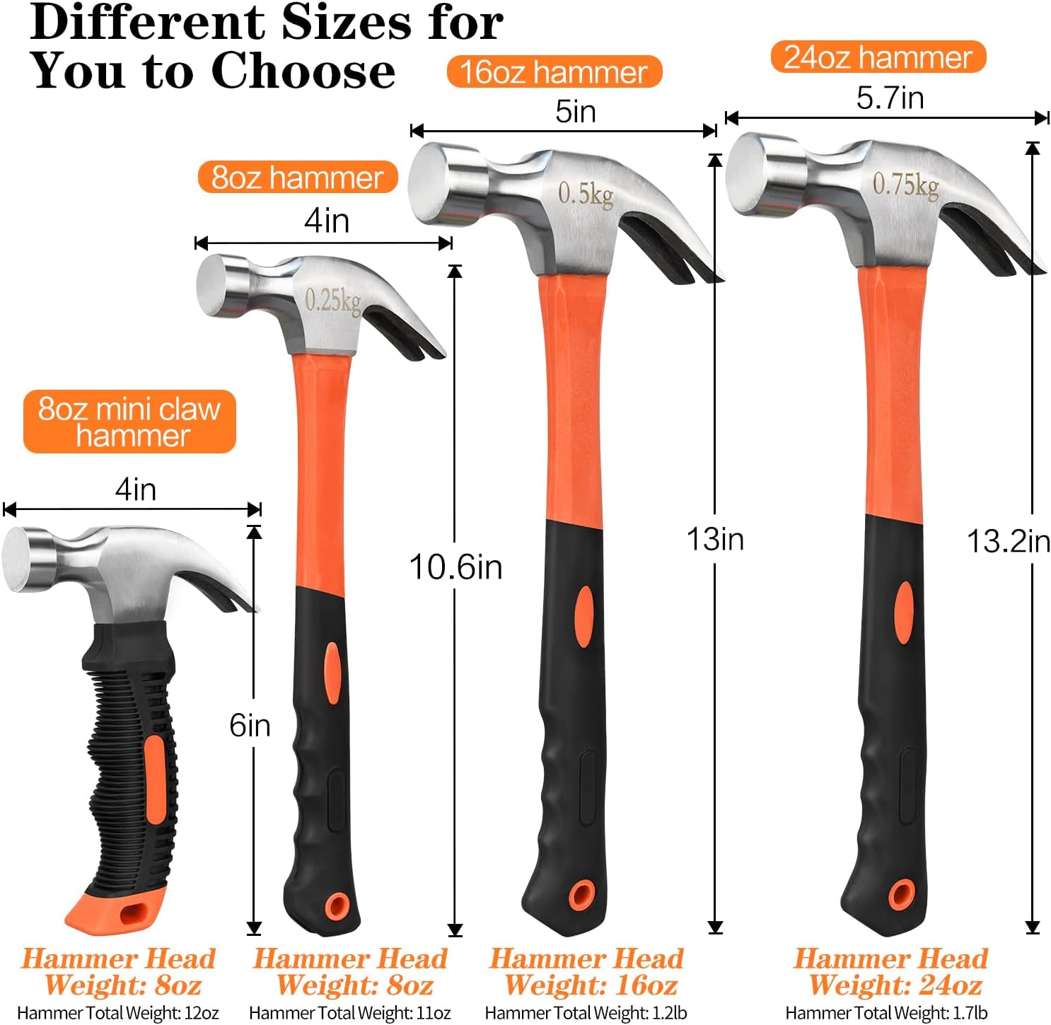 8/16/24oz Straight Rip Fiberglass General Purpose Claw Hammer, with Smooth Face & Non-slip Grip