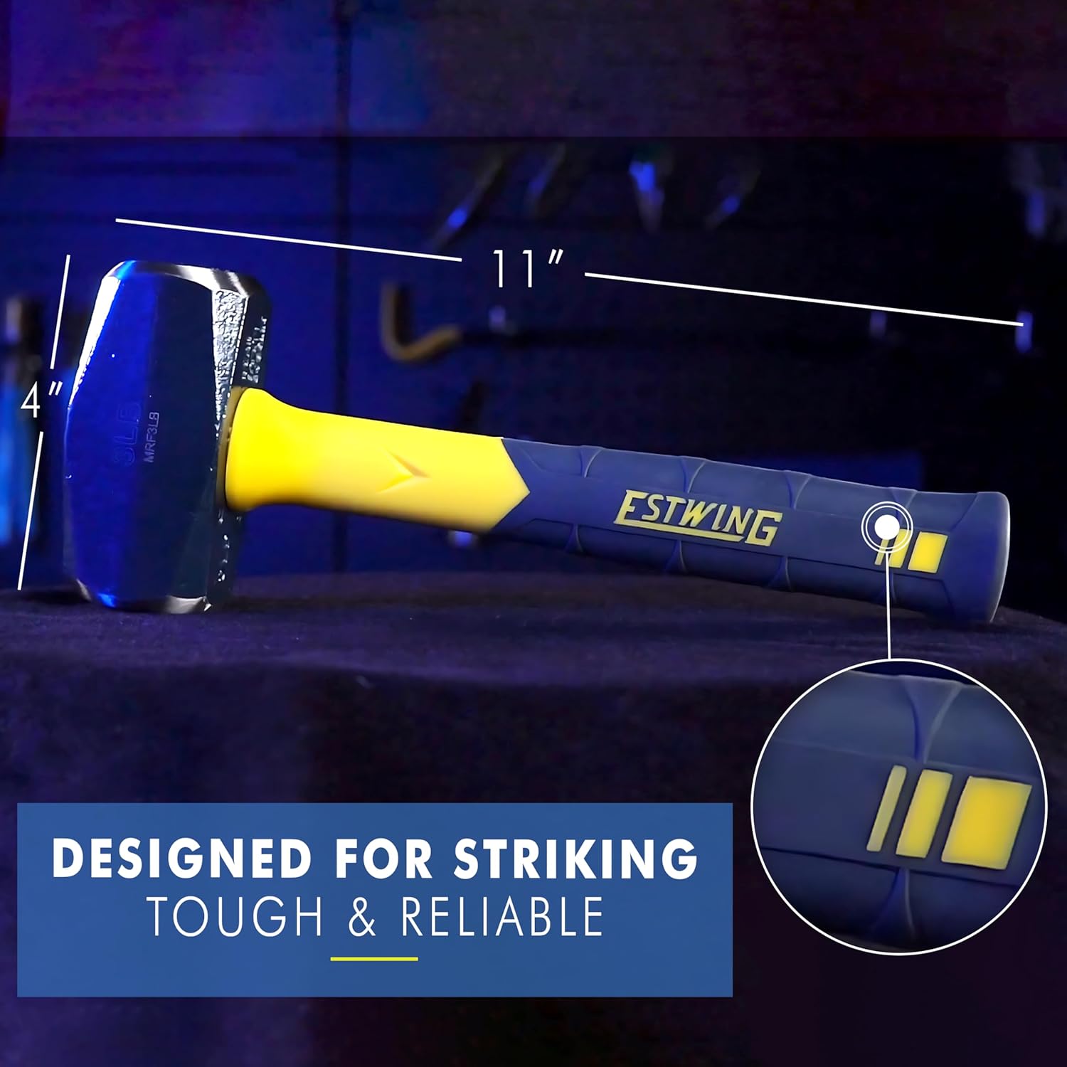 ESTWING Sure Strike Drilling/Crack Hammer - 3-Pound Sledge with Fiberglass Handle & No-Slip Cushion Grip - MRF3LB