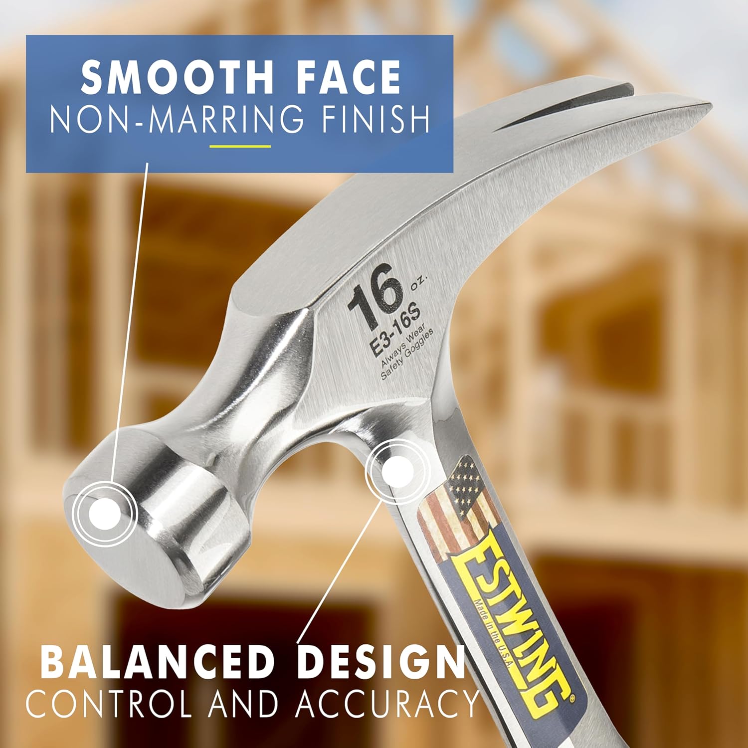 Alternative view of ESTWING Hammer - 16 oz Straight Rip Claw with Smooth Face & Shock Reduction Grip - E3-16S