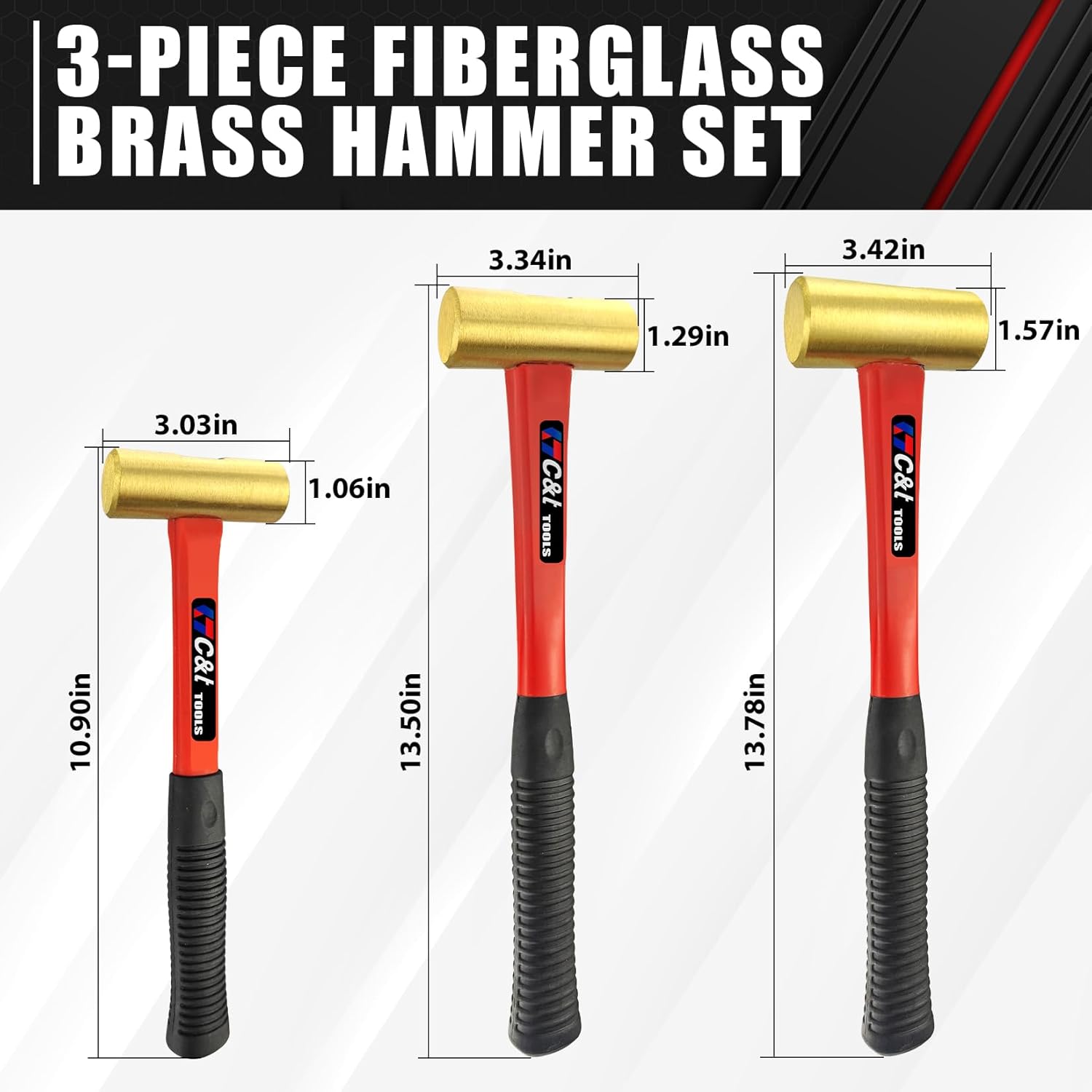 C&T 3-Piece Hammer Set, Jacketed Fiberglass Solid Brass Non-Sparking Hammers, 16, 24, 32oz, Non-Marring