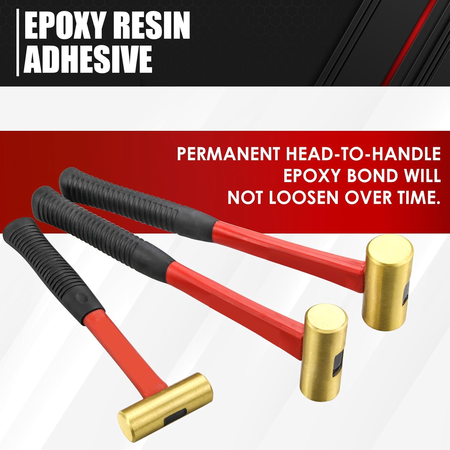 Alternative view of C&T 3-Piece Hammer Set, Jacketed Fiberglass Solid Brass Non-Sparking Hammers, 16, 24, 32oz, Non-Marring