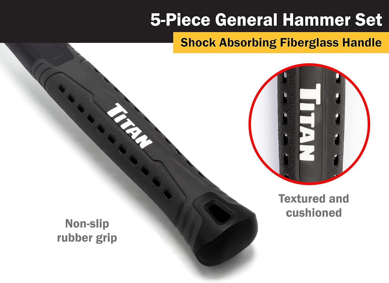 Alternative view of Titan 63125 5-Piece Hammer Set, Includes 16oz & 32oz Ball Pein, 32oz Rubber Mallet, 3lb Sledgehammer, & 3lb Cross Pein, Shock Absorbing Fiberglass Handles with Textured Grips