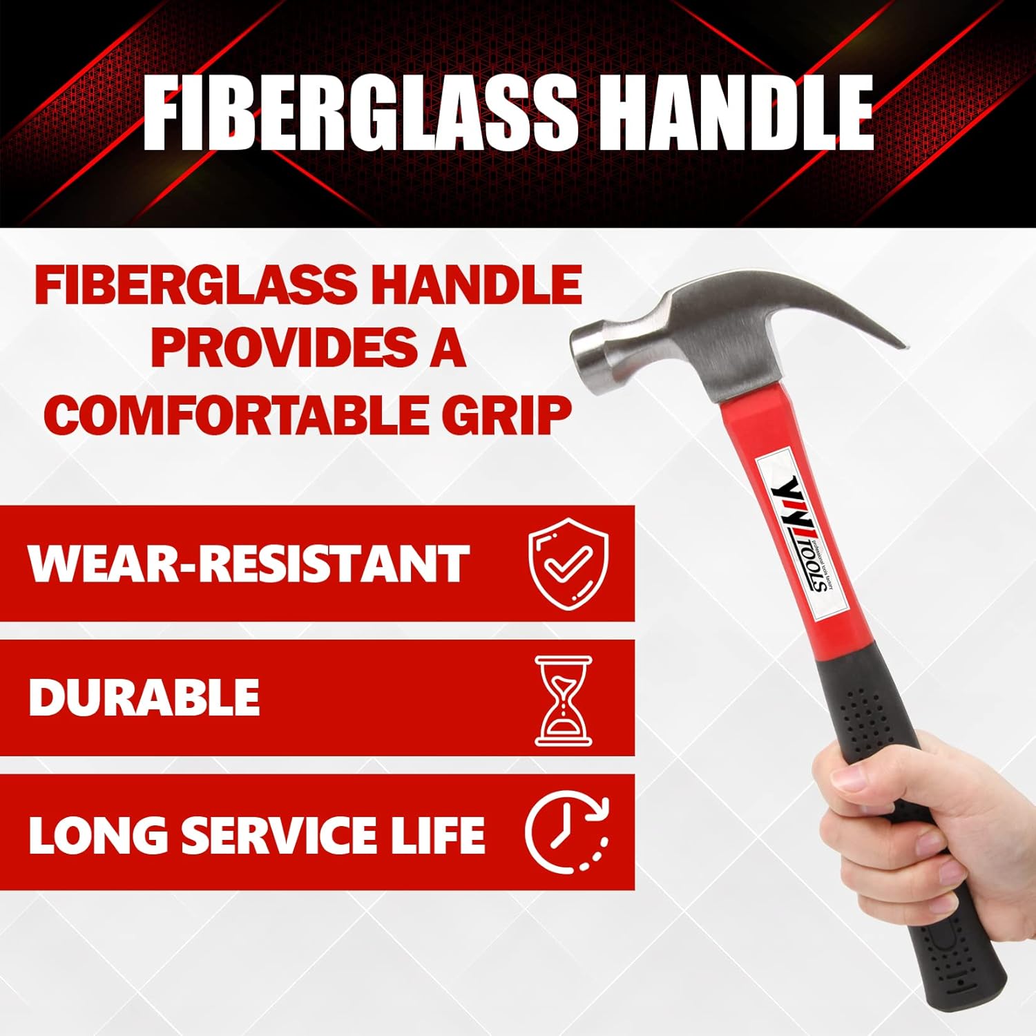 Alternative view of YIYITOOLS Claw Hammer With fiberglass Handle u2013 16-oz, Red and Black (YY-1-003)