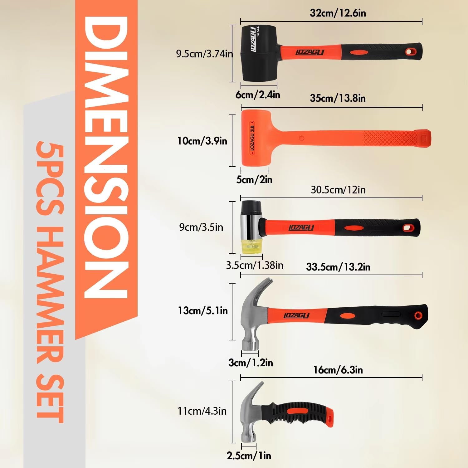 5-Piece Hammer Set, 2LB Dead Blow Hammer | 16oz Claw Hammer | 16oz Rubber Mallet | 35mm Double-Faced Soft Mallet | 8oz Small Hammer