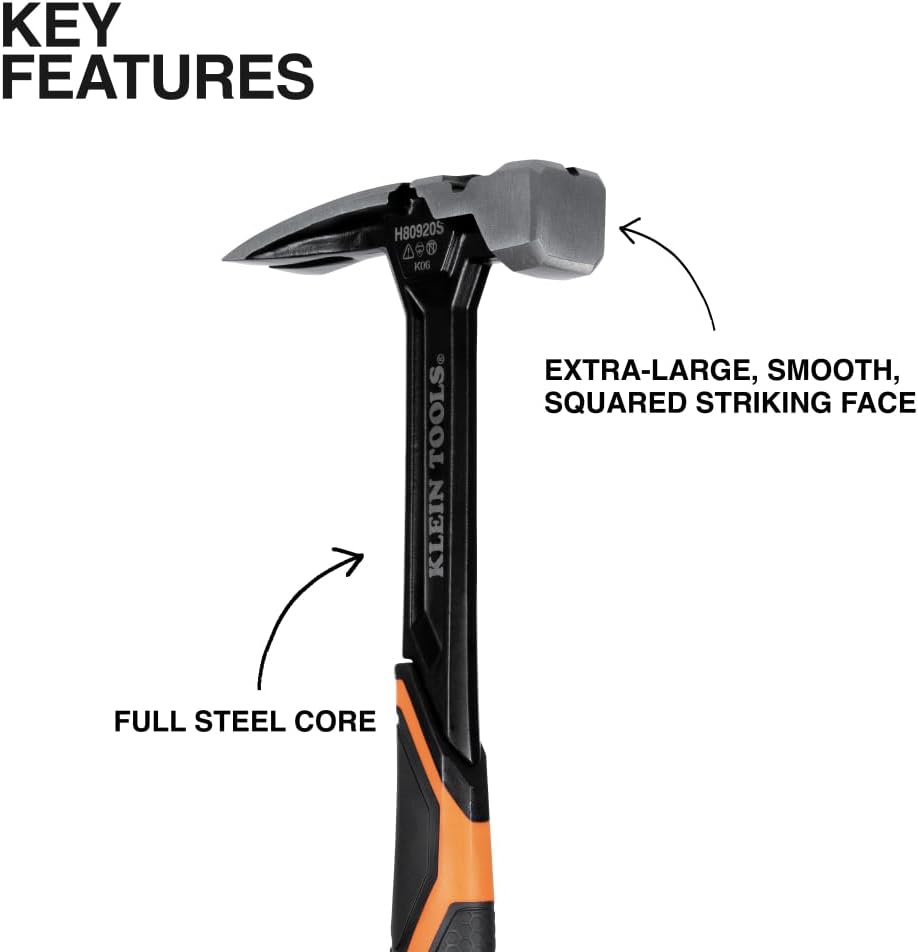 Klein Tools H80920S Smooth Face Framing Hammer with Straight Claw, 20-Ounce Forged Steel, Magnetic Nail Puller, and Extra-Large Squared Strike Face