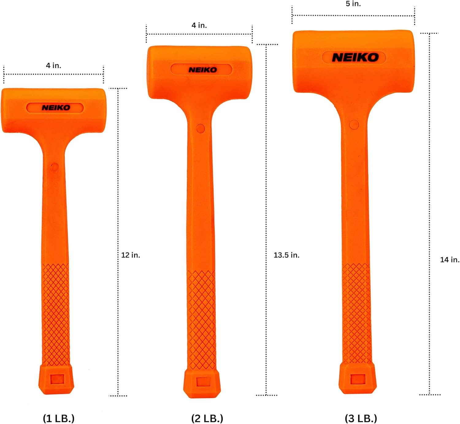 NEIKO 02888A Dead Blow Hammer Set, 3pc Neon Orange Deadblow Mallet, 1lb, 2lb, 3lb Hammers, Spark and Rebound Resistant, Unibody Molded, Checkered Grip