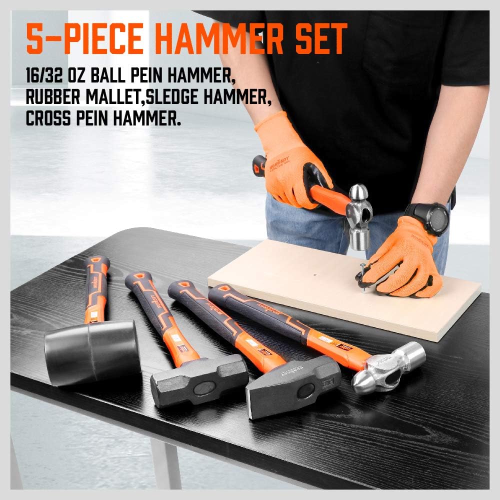 Alternative view of HORUSDY 5-Piece Hammer Set, 16oz and 32oz Ball Pein Hammers, 32oz Rubber Mallet, 3lb Sledge, 3lb Cross Peen Hammer