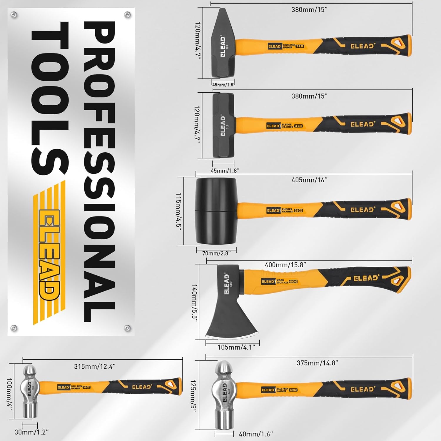 ELEAD 6-Piece Mallet Hammer Set, Fiberglass Handle Forge Steel Head, 32oz Rubber Mallet & Ball Peen Hammers, 16oz Ball Peen Hammer, 3LB Sledge & Cross Peen Hammers, 600g Wood Split Axe