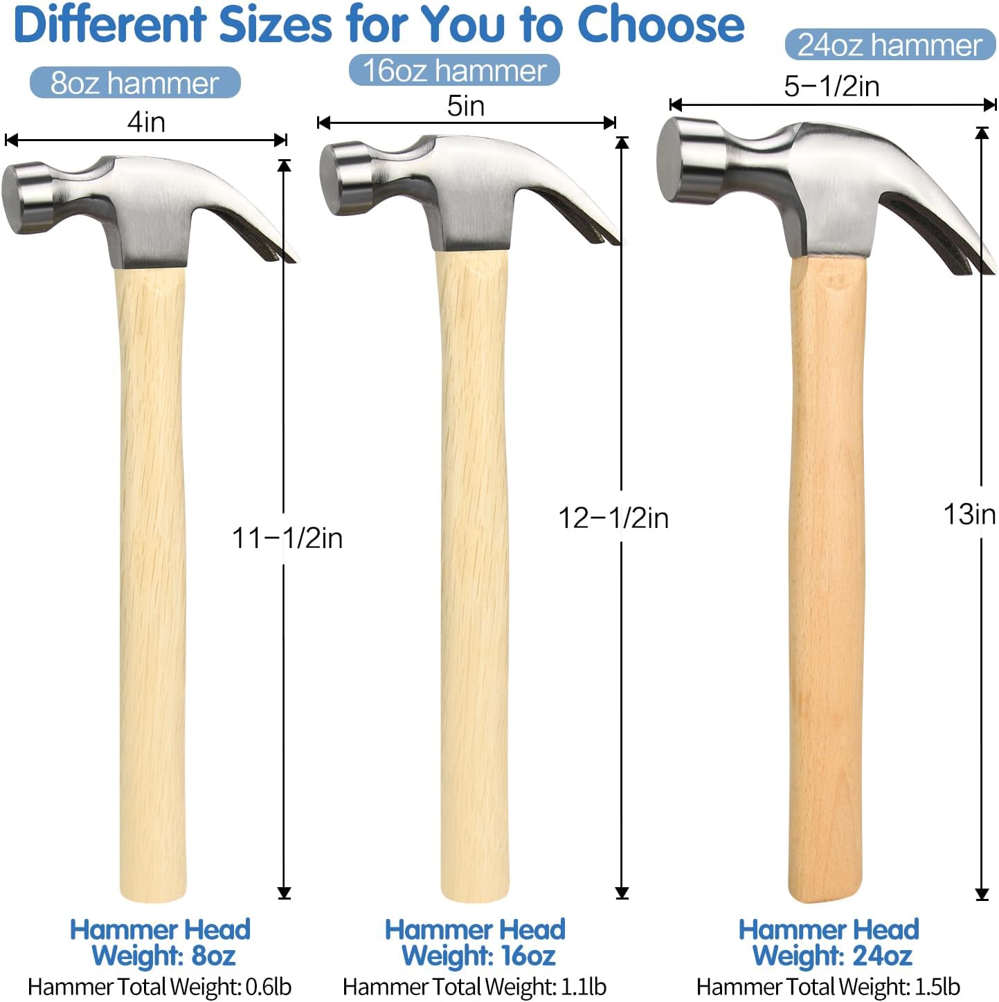 16oz Claw Hammer, General Purpose Claw Hammer with Wooden Handle & Forged Steel Head