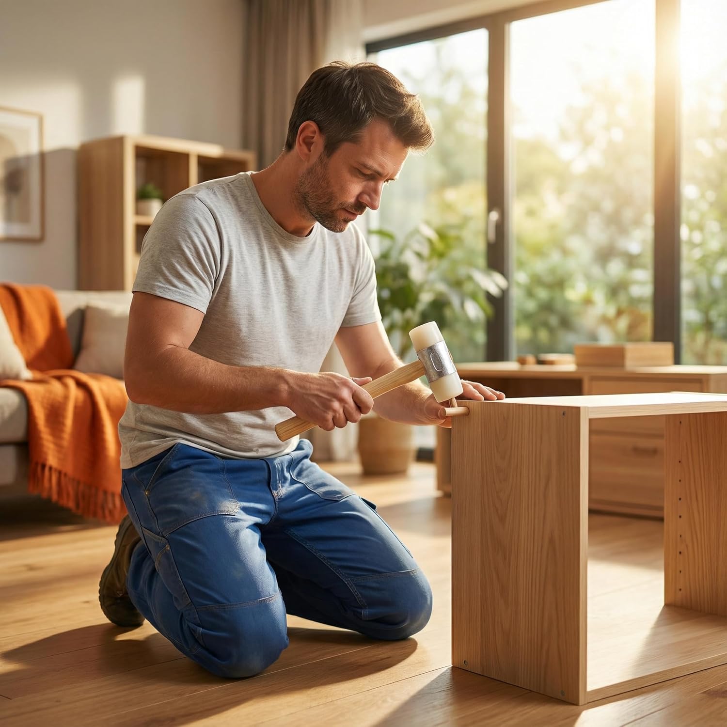 50 Oz TPU Nylon Rubber Hammer with Wooden Handle, Double-Sided Safety Industrial Hand Hammer, White