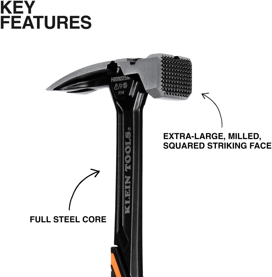 Klein Tools H80922SM Milled Face Framing Hammer with Straight Claw, 22-Ounce Forged Steel, Magnetic Nail Starter and Extra-Large Squared Strike Face
