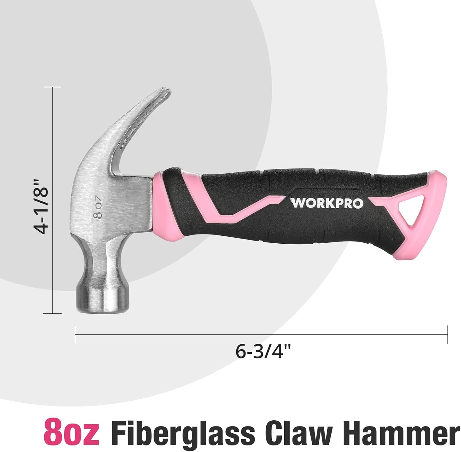 WORKPRO 8 oz Claw Hammer with Fiberglass Handle, All Purpose Hammer with Forged Hardened Steel Head, Pink Ribbon