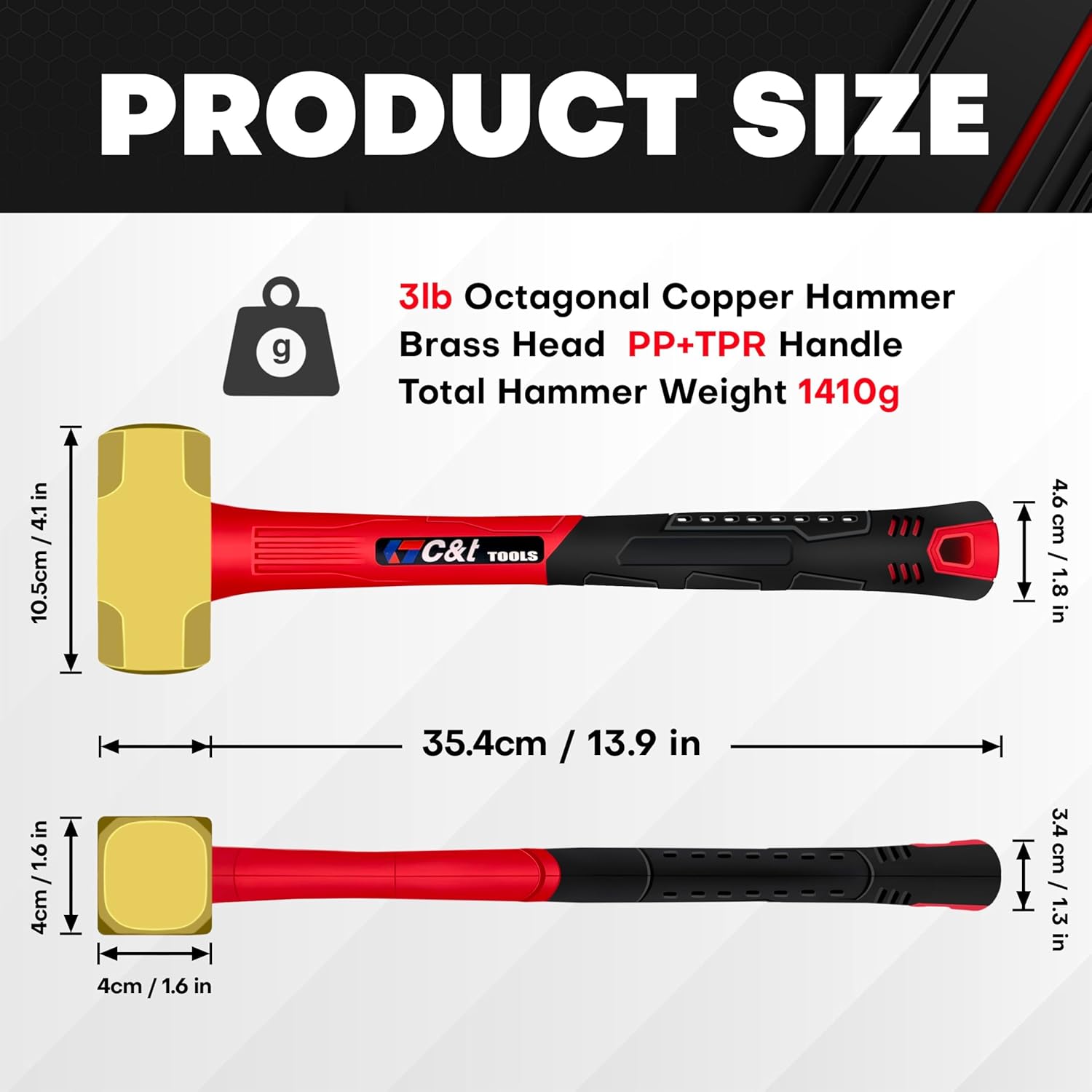 C&T 3lb Brass Sledge Hammer,Non-Sparking,Comfortable Fiberglass Handle,3-Pounds,Non-Magnetic,Corrosion Resistant