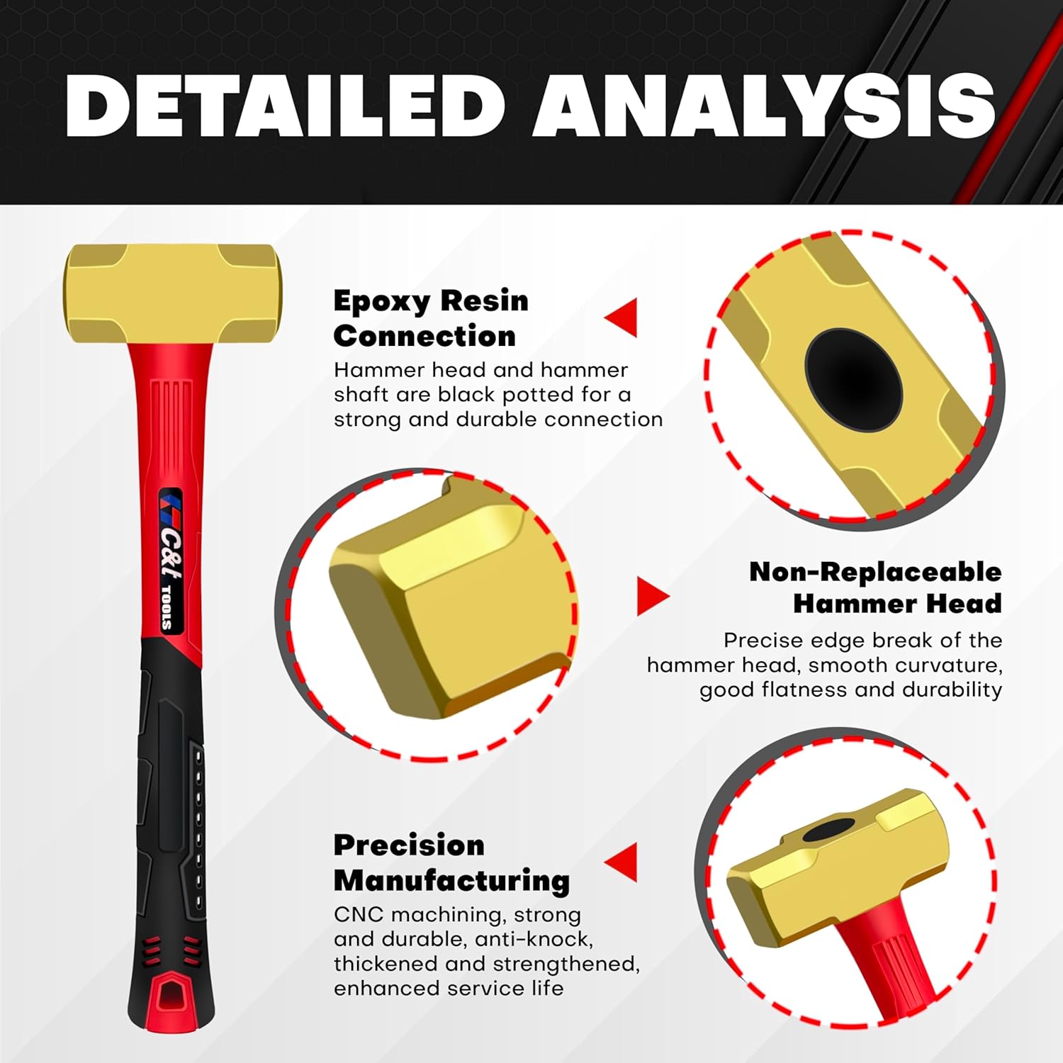 Alternative view of C&T 3lb Brass Sledge Hammer,Non-Sparking,Comfortable Fiberglass Handle,3-Pounds,Non-Magnetic,Corrosion Resistant