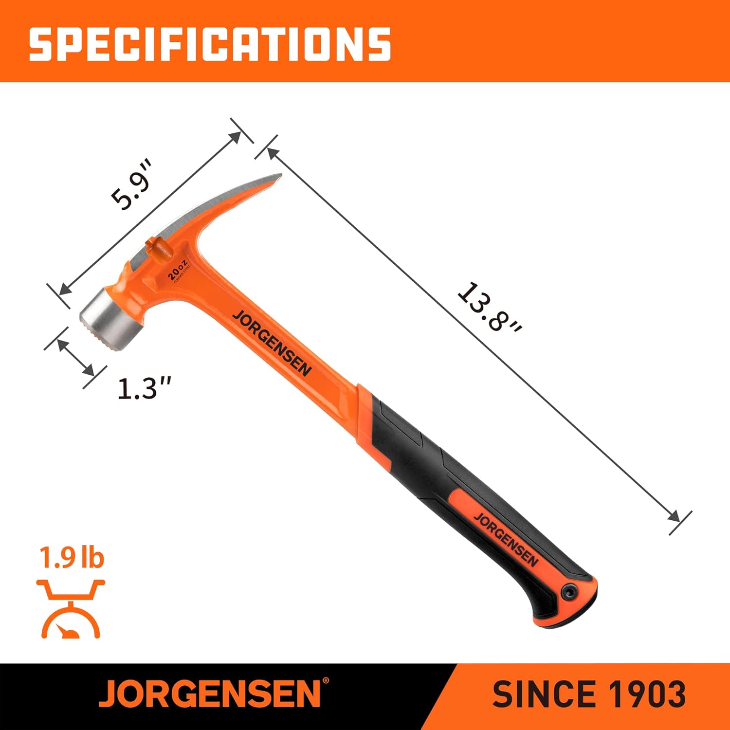 Jorgensen 20 oz Straight Claw Hammer with Magnetic Nail Holder, Rip Claw Hammer with Milled Face, Side Nail Puller, Shock Absorbing Grip, Heavy Duty One-piece Forged Hammer