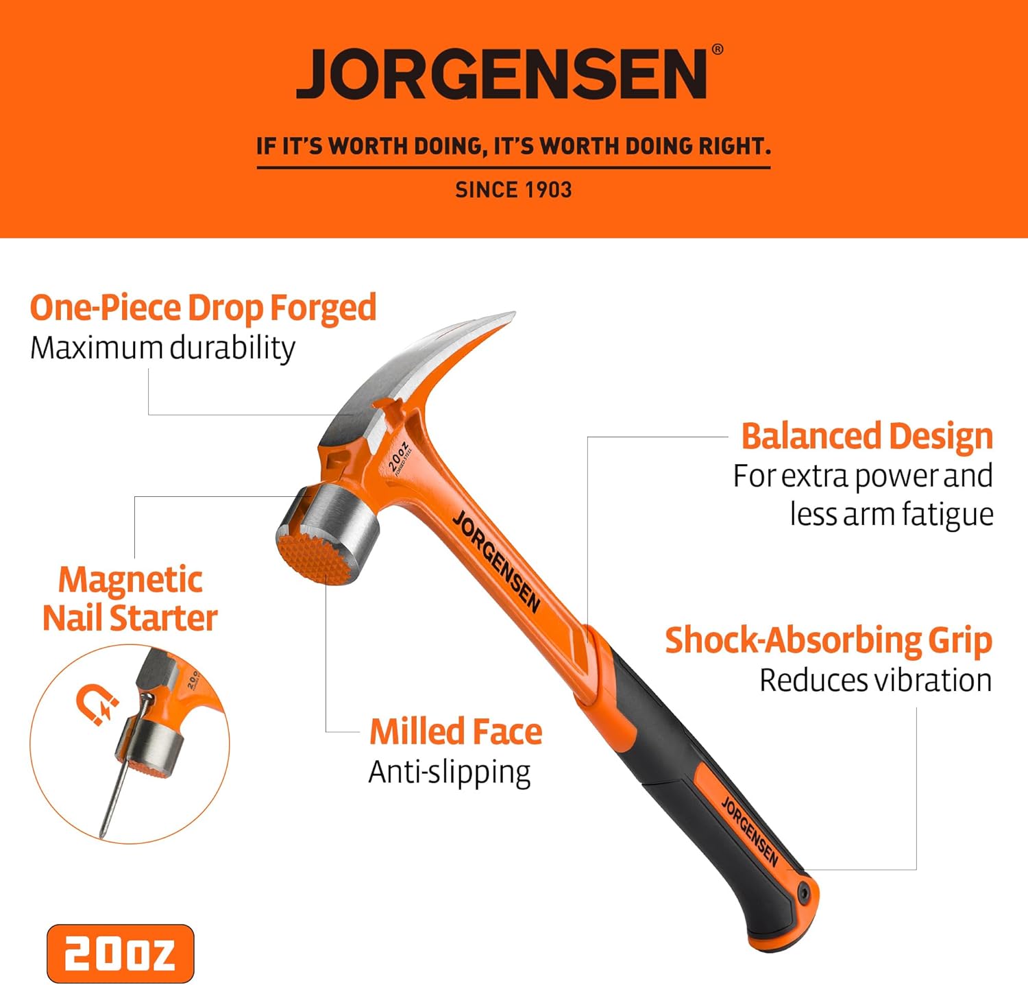 Alternative view of Jorgensen 20 oz Straight Claw Hammer with Magnetic Nail Holder, Rip Claw Hammer with Milled Face, Side Nail Puller, Shock Absorbing Grip, Heavy Duty One-piece Forged Hammer