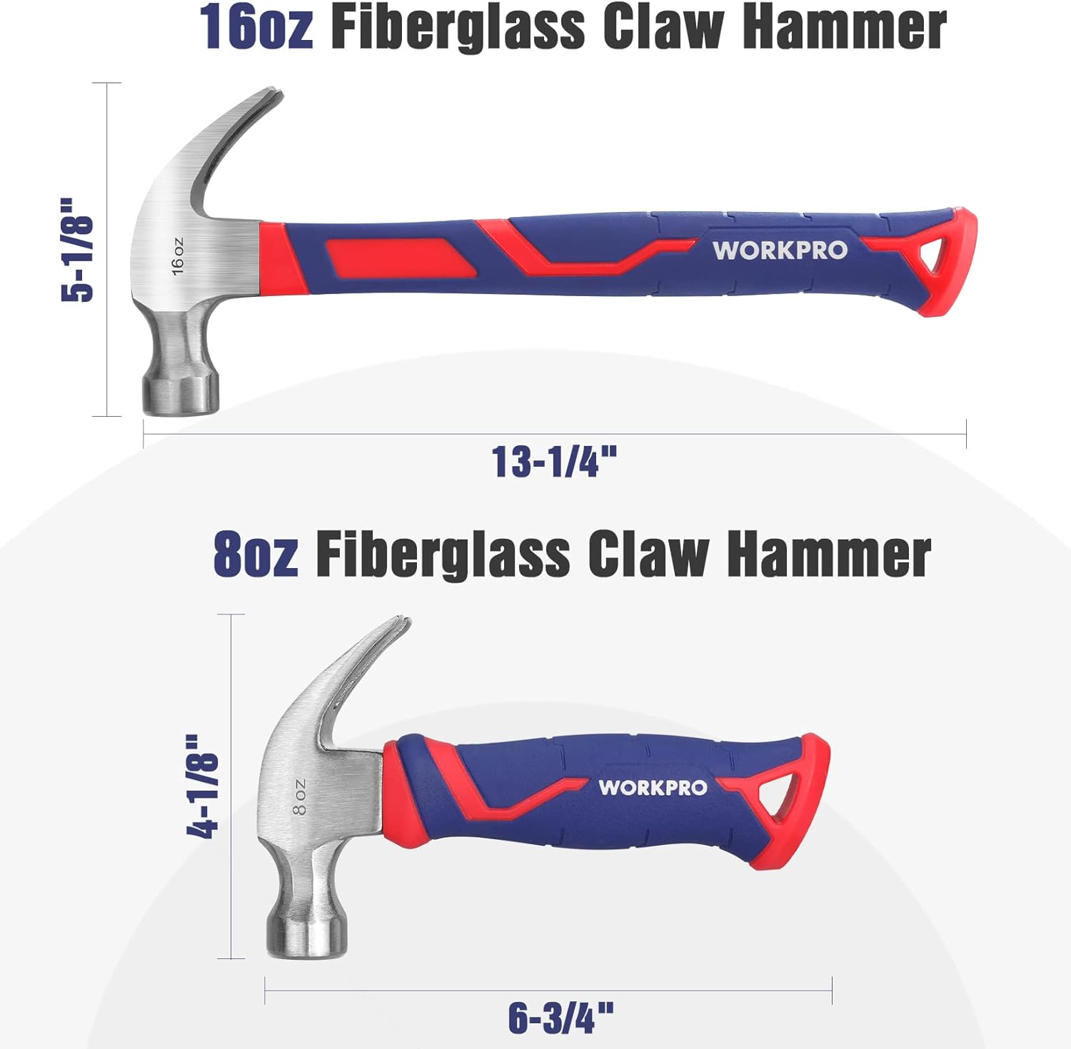 Alternative view of WORKPRO 2-Piece Claw Hammer Set, 8 oz Mini Stubby & 16 oz Fiberglass General Purpose, Soft Nonslip Handle & Heat Treated Head