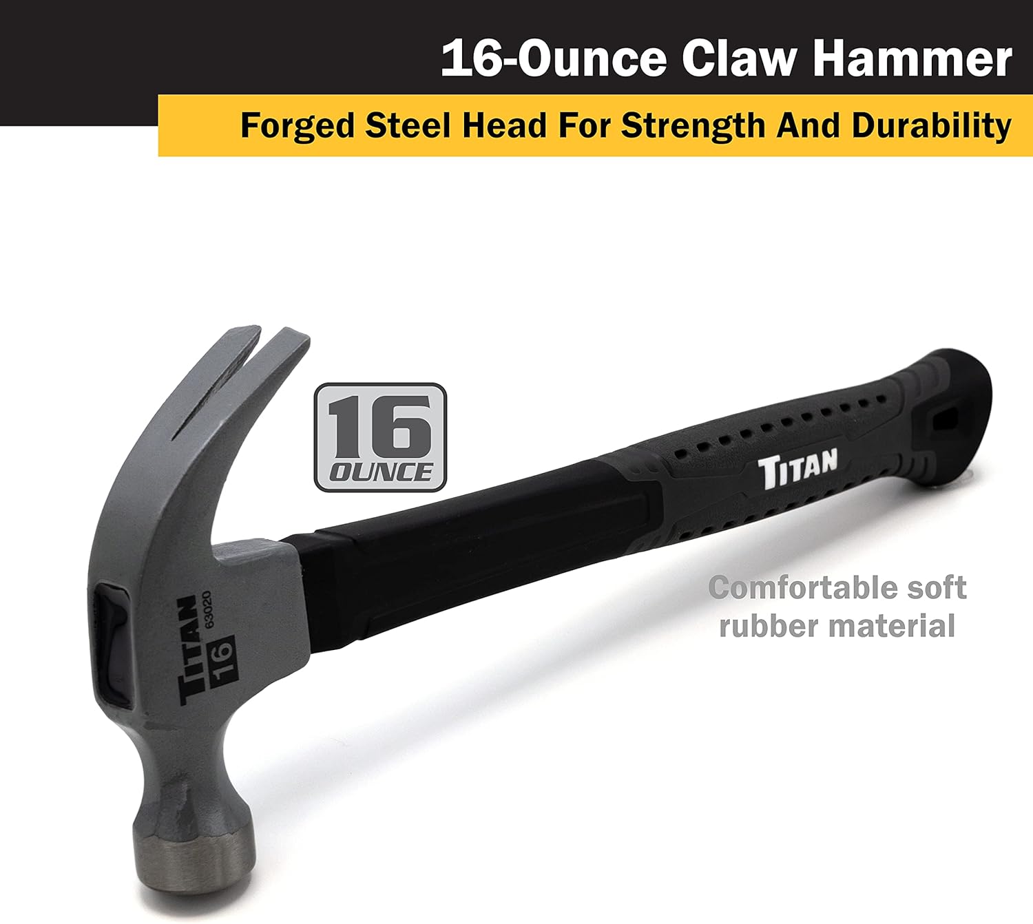 Titan 63020 16oz Claw Hammer, Forged Steel Head, 13" Shock Absorbing Fiberglass Handle with Textured Grip