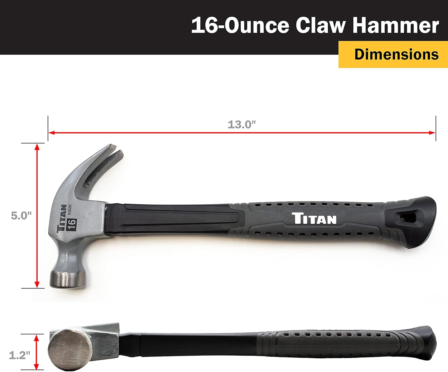 Alternative view of Titan 63020 16oz Claw Hammer, Forged Steel Head, 13" Shock Absorbing Fiberglass Handle with Textured Grip