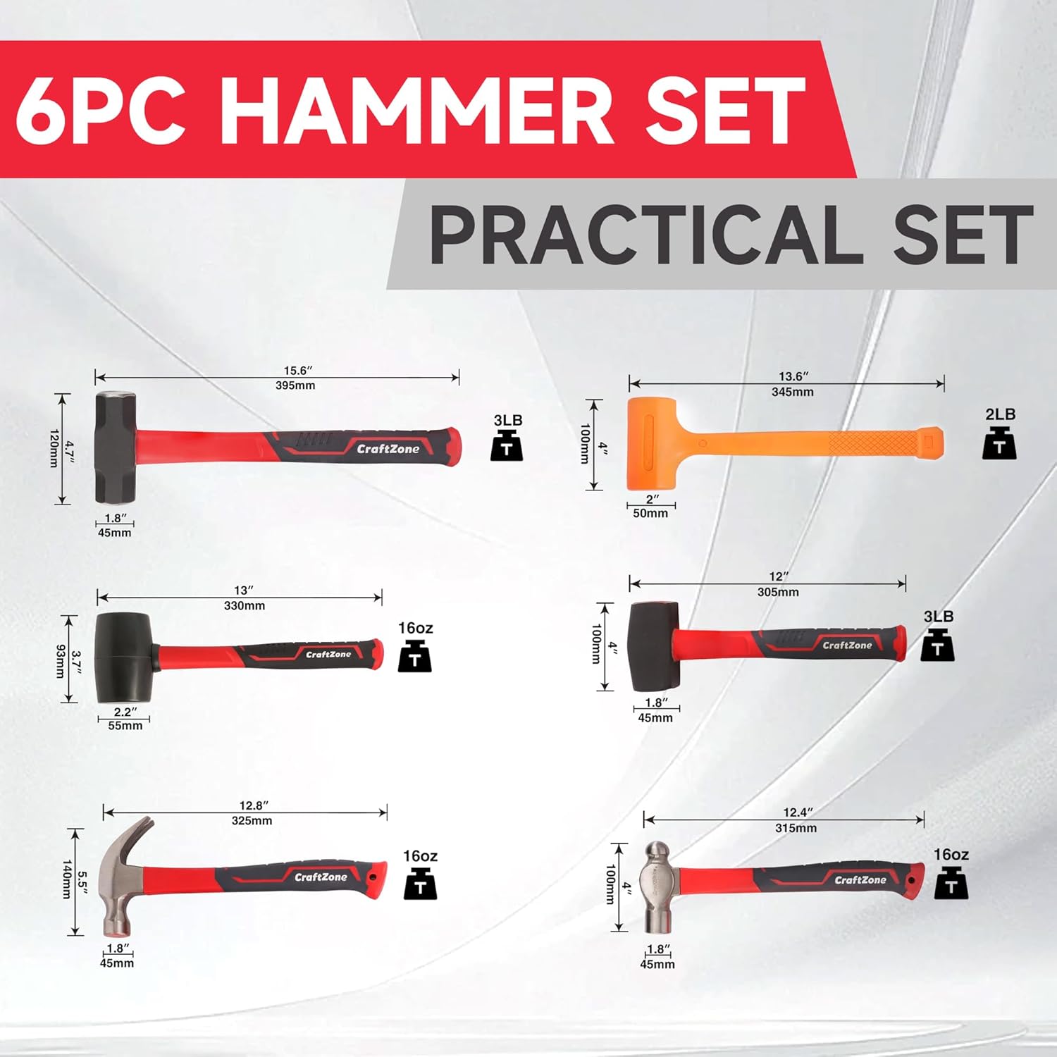 6-Piece Rubber Mallet Hammer Set with 2lb Dead Blow - 3lb Sledge & Stoning - 16oz Ball Peen Claw Hammers | Anti-Vibration Fiberglass Handles for Construction Metalworking Automotive & DIY Projects