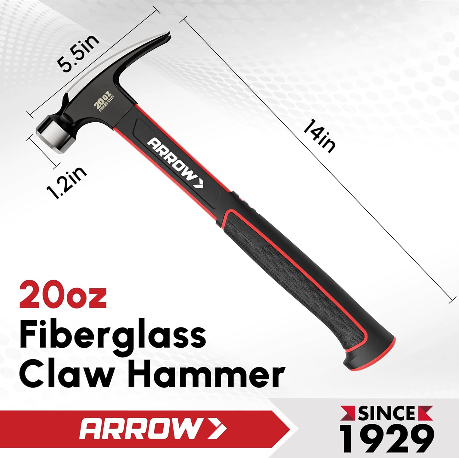 Alternative view of ARROW 20oz Straight Claw Hammer with Magnetic Nail Holder, Smooth Face and Forged Steel Head, Shock-Absorbing Fiberglass Handle, for Carpentry and General Purpose