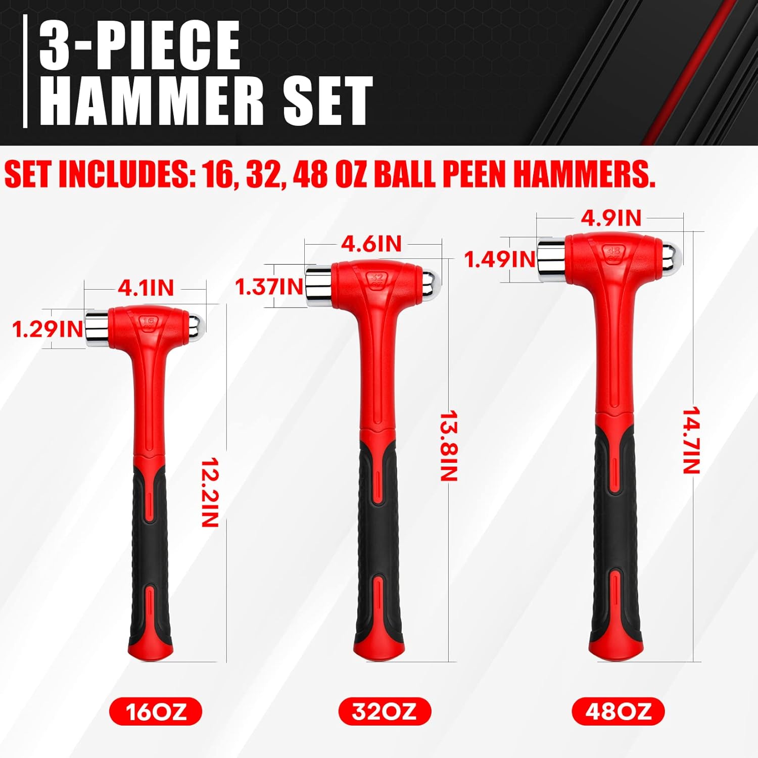 C&T 3 Piece Ball Peen Hammer, 16oz 32oz 48oz, Fiberglass Handle hammer for Ball Peen, Blow Striking Ball Pein Hammer Handle Tool with Forged Steel Construction for Metal Working