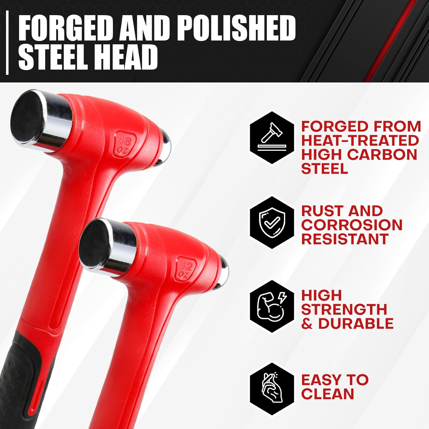 Alternative view of C&T 3 Piece Ball Peen Hammer, 16oz 32oz 48oz, Fiberglass Handle hammer for Ball Peen, Blow Striking Ball Pein Hammer Handle Tool with Forged Steel Construction for Metal Working